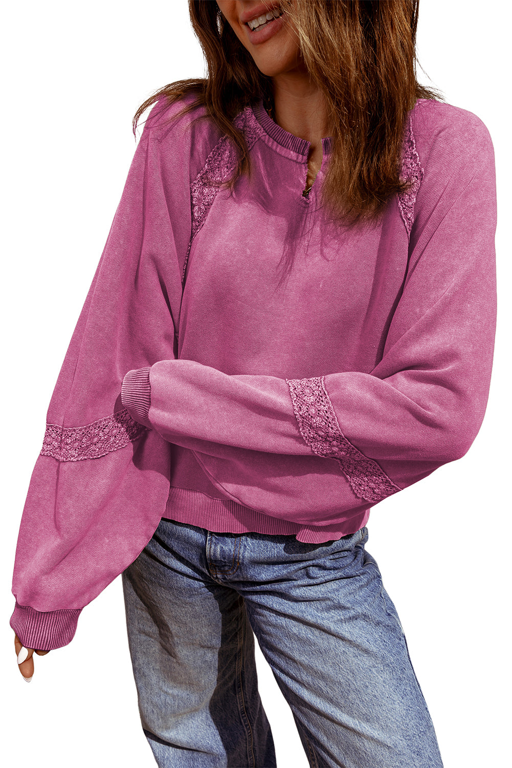 Jungle Green Lace Applique Notched Neck Mineral Wash Baggy Sweatshirt
