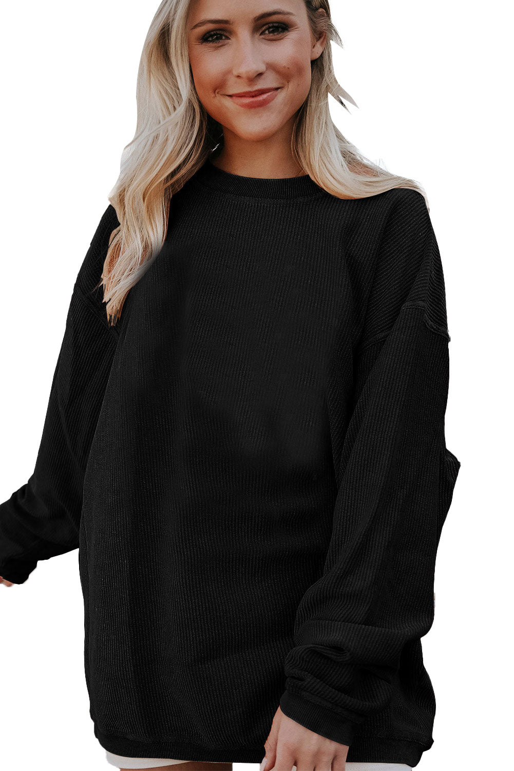 Light Pink Plain Drop Sleeve Crinkle Rib Oversized Sweatshirt
