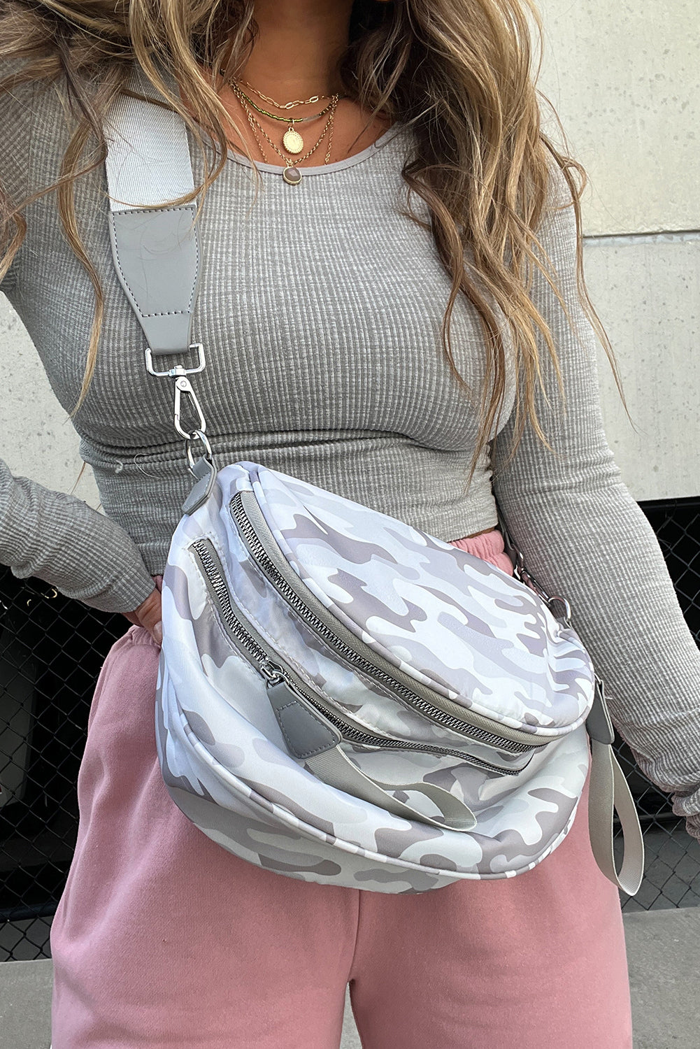 White Camouflage Print Double Zipper Crossbody Bag