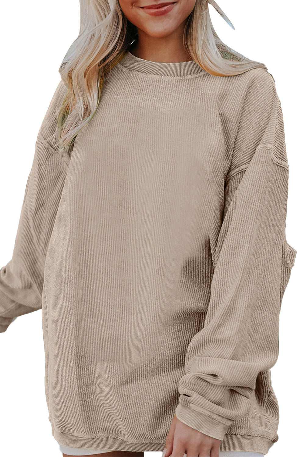 Light Pink Plain Drop Sleeve Crinkle Rib Oversized Sweatshirt