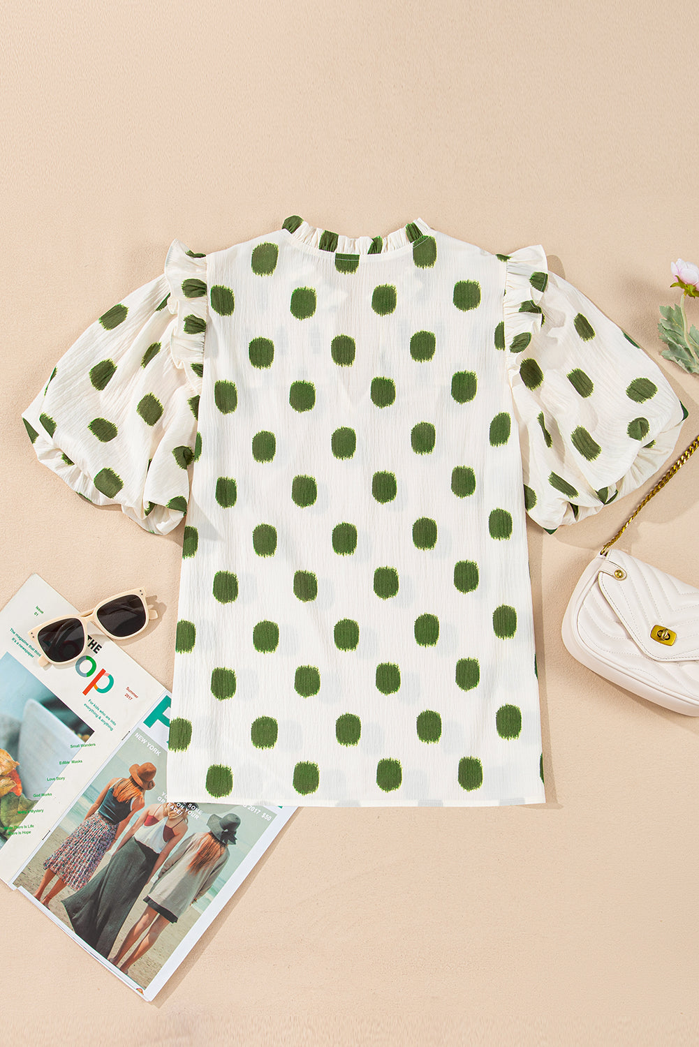 Rose Polka Dot Print Shirred Notched Neck Puff Sleeve Blouse