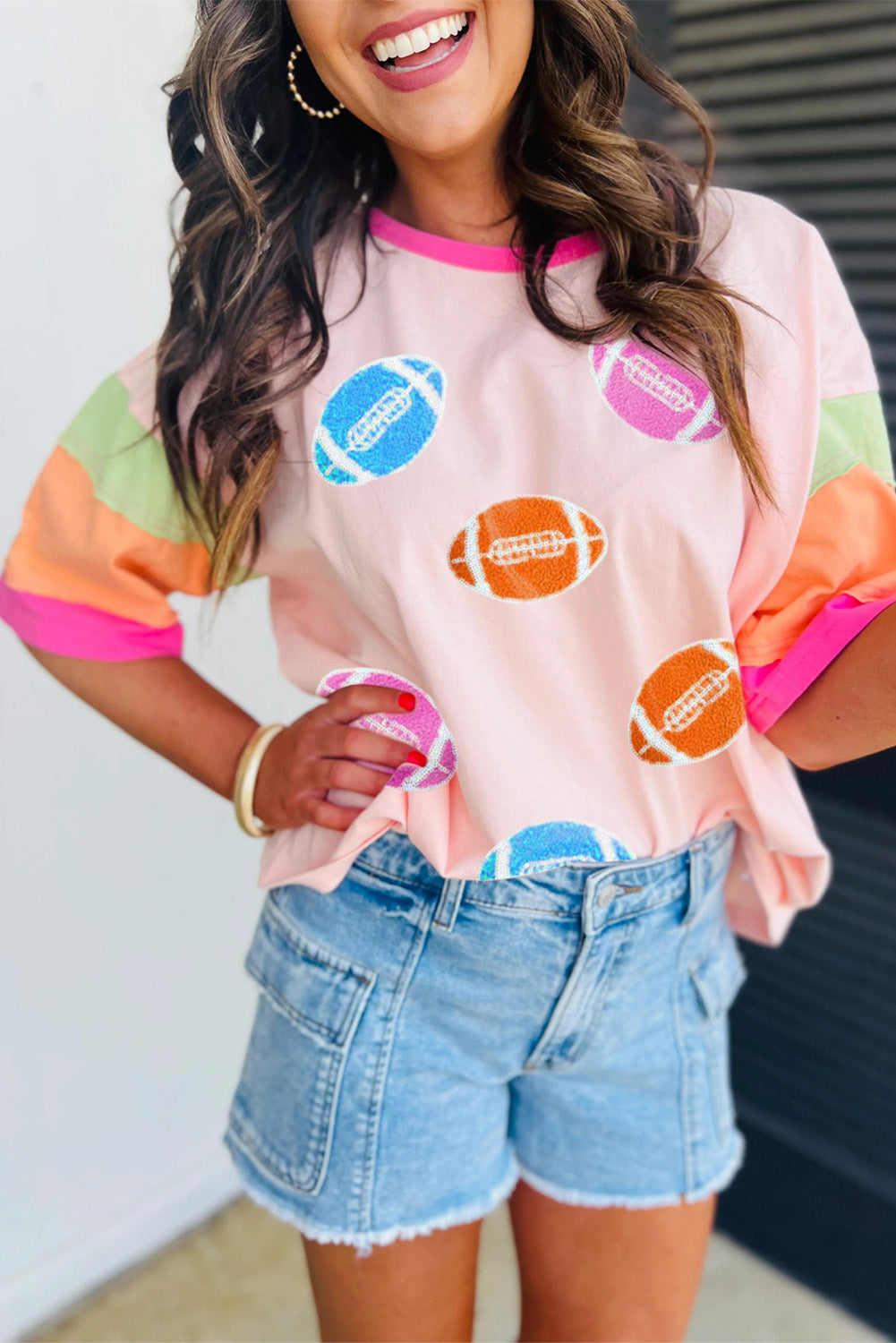 Pink Game Day Football Graphic Color Block Sleeve Tee