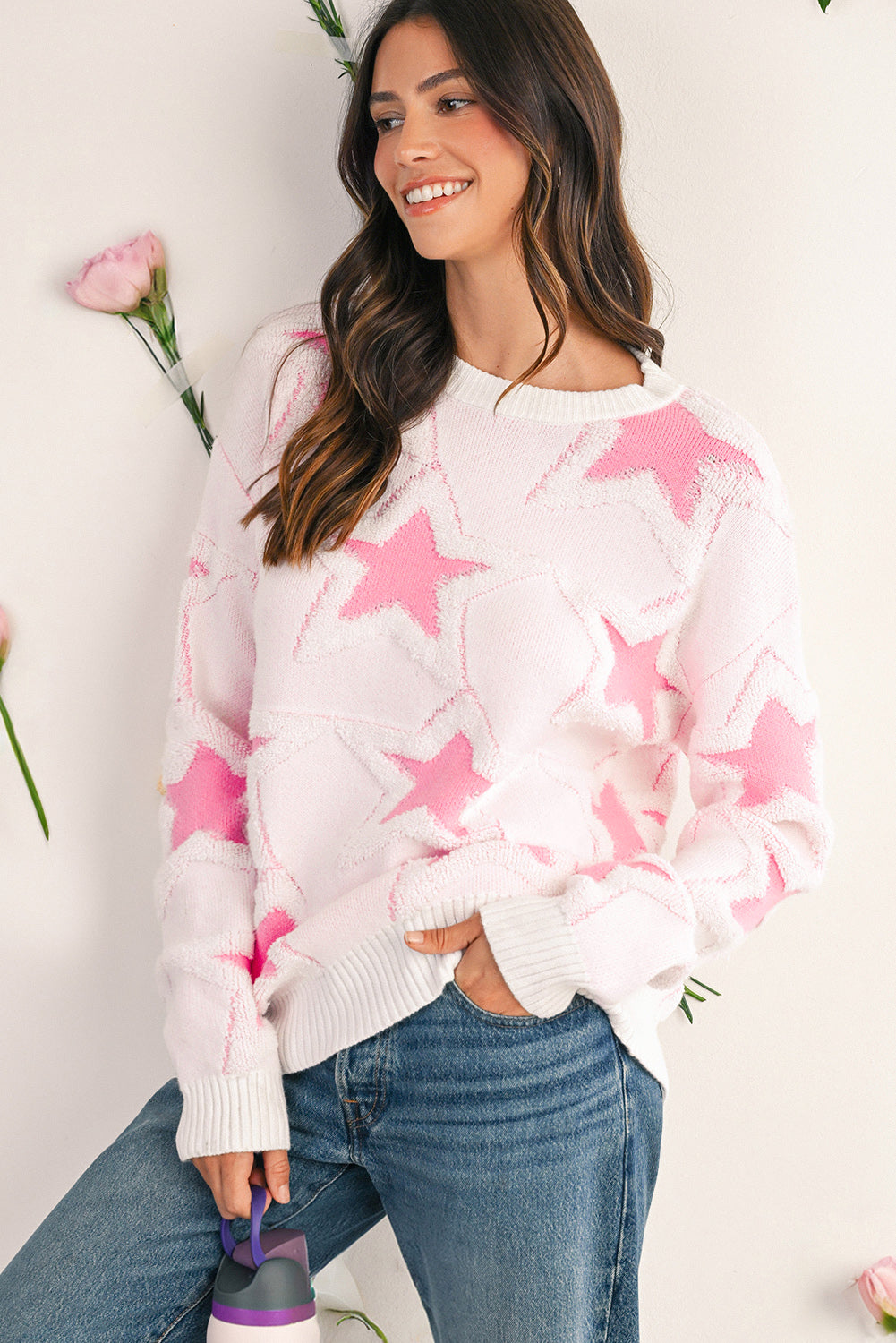 Sachet Pink Star Pattern Drop Sleeve Loose Sweater