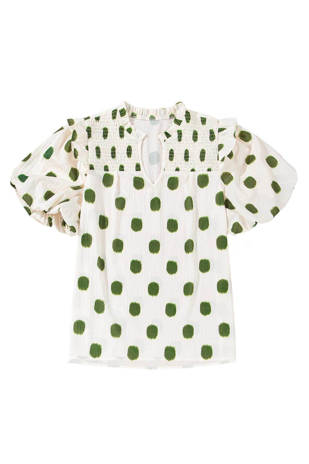 Rose Polka Dot Print Shirred Notched Neck Puff Sleeve Blouse