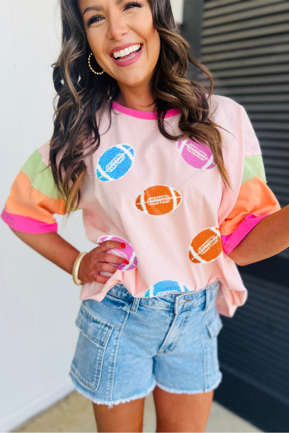 Pink Game Day Football Graphic Color Block Sleeve Tee