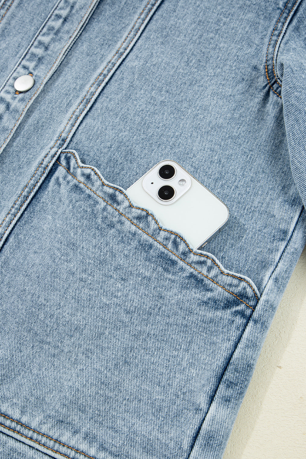 Sail Blue Scallop Trim Collar Pocket Button Up Denim Jacket
