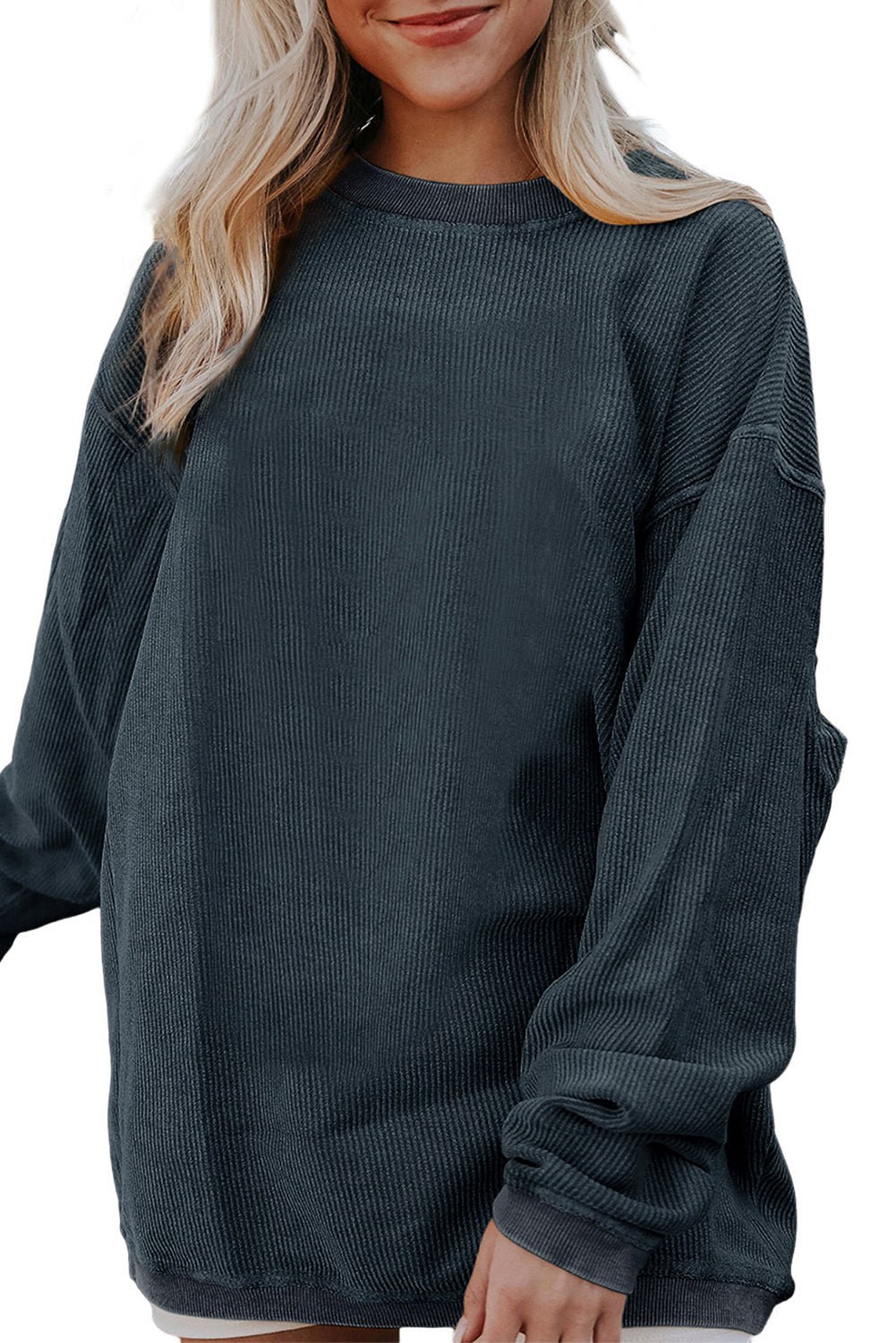 Light Pink Plain Drop Sleeve Crinkle Rib Oversized Sweatshirt