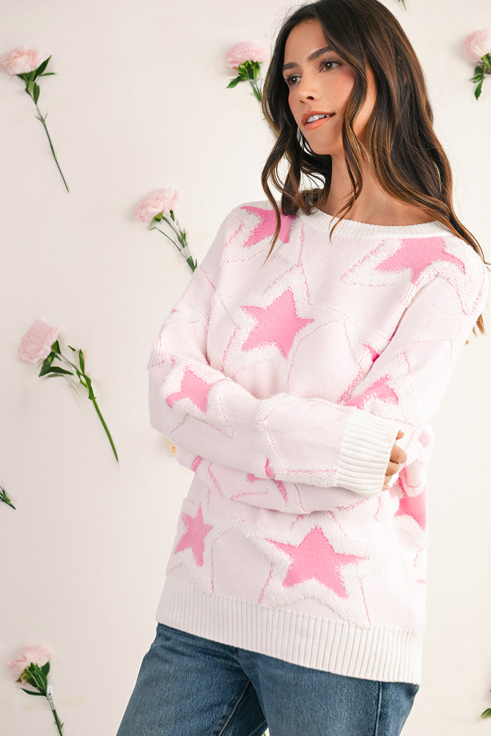 Sachet Pink Star Pattern Drop Sleeve Loose Sweater