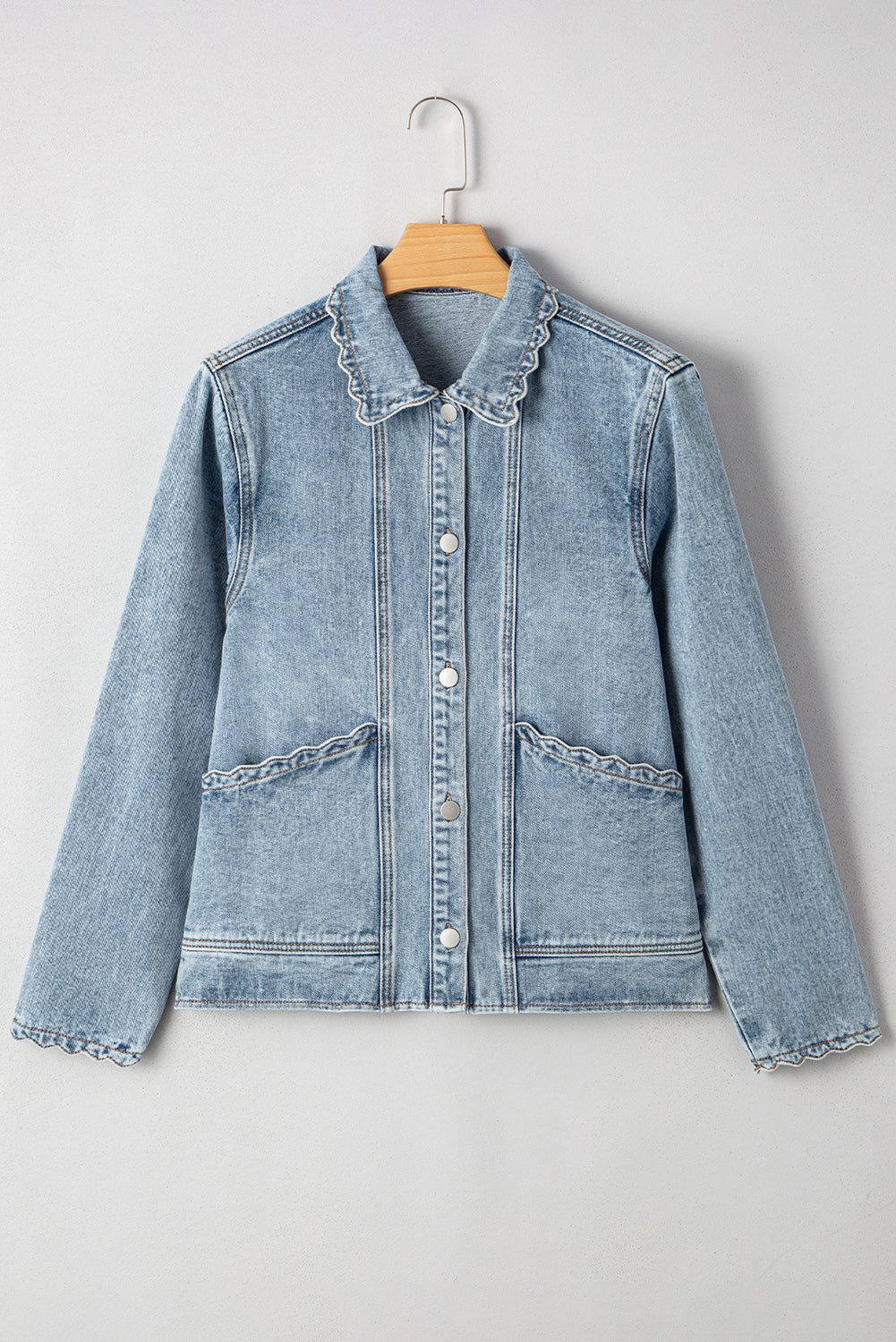 Sail Blue Scallop Trim Collar Pocket Button Up Denim Jacket