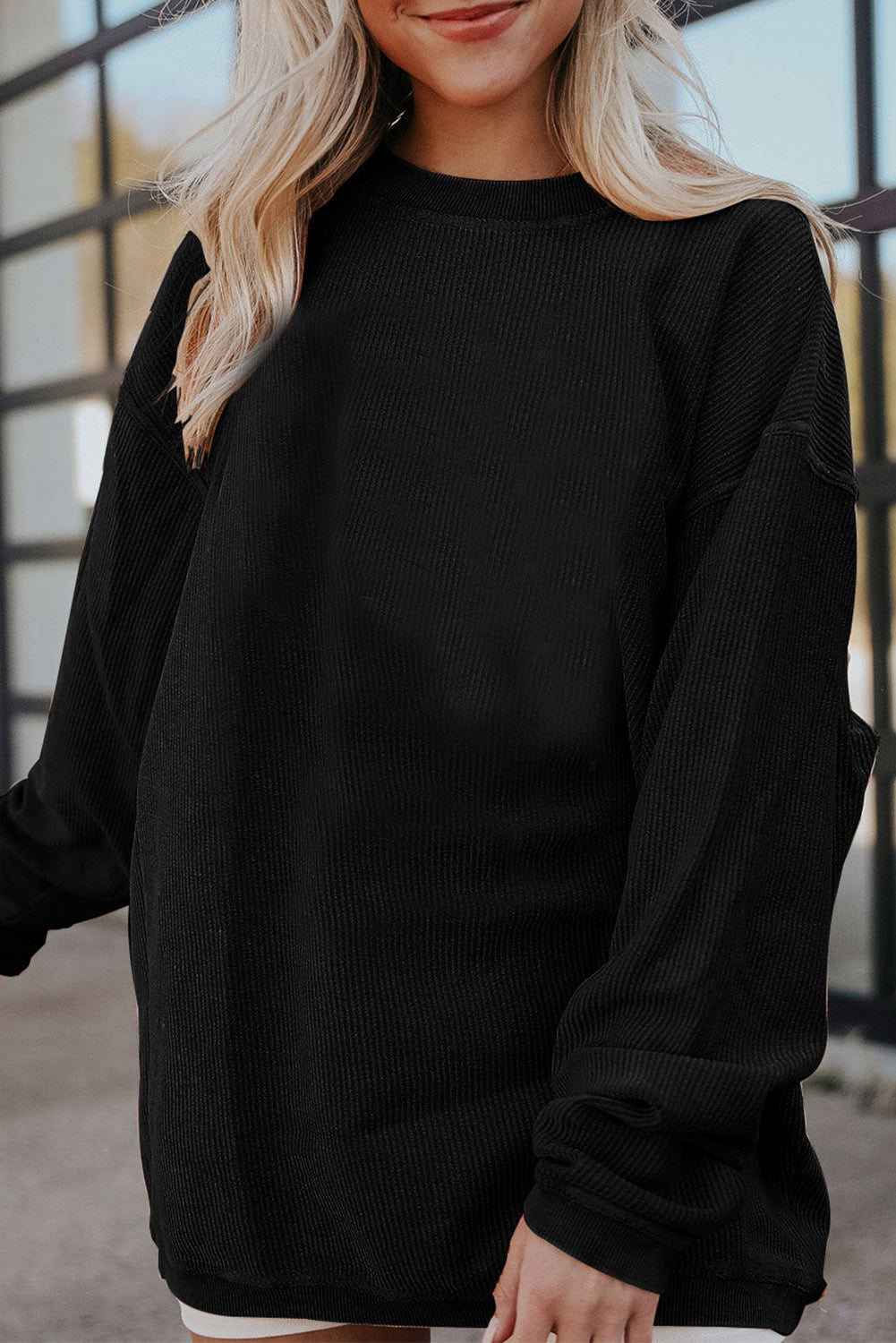 Light Pink Plain Drop Sleeve Crinkle Rib Oversized Sweatshirt