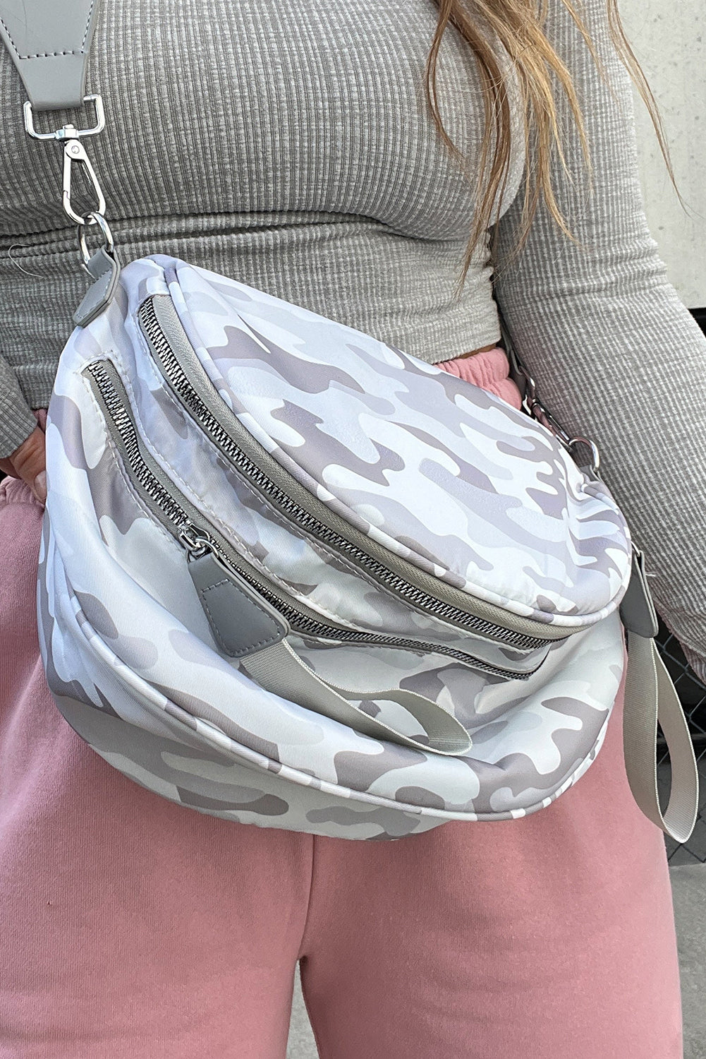 White Camouflage Print Double Zipper Crossbody Bag