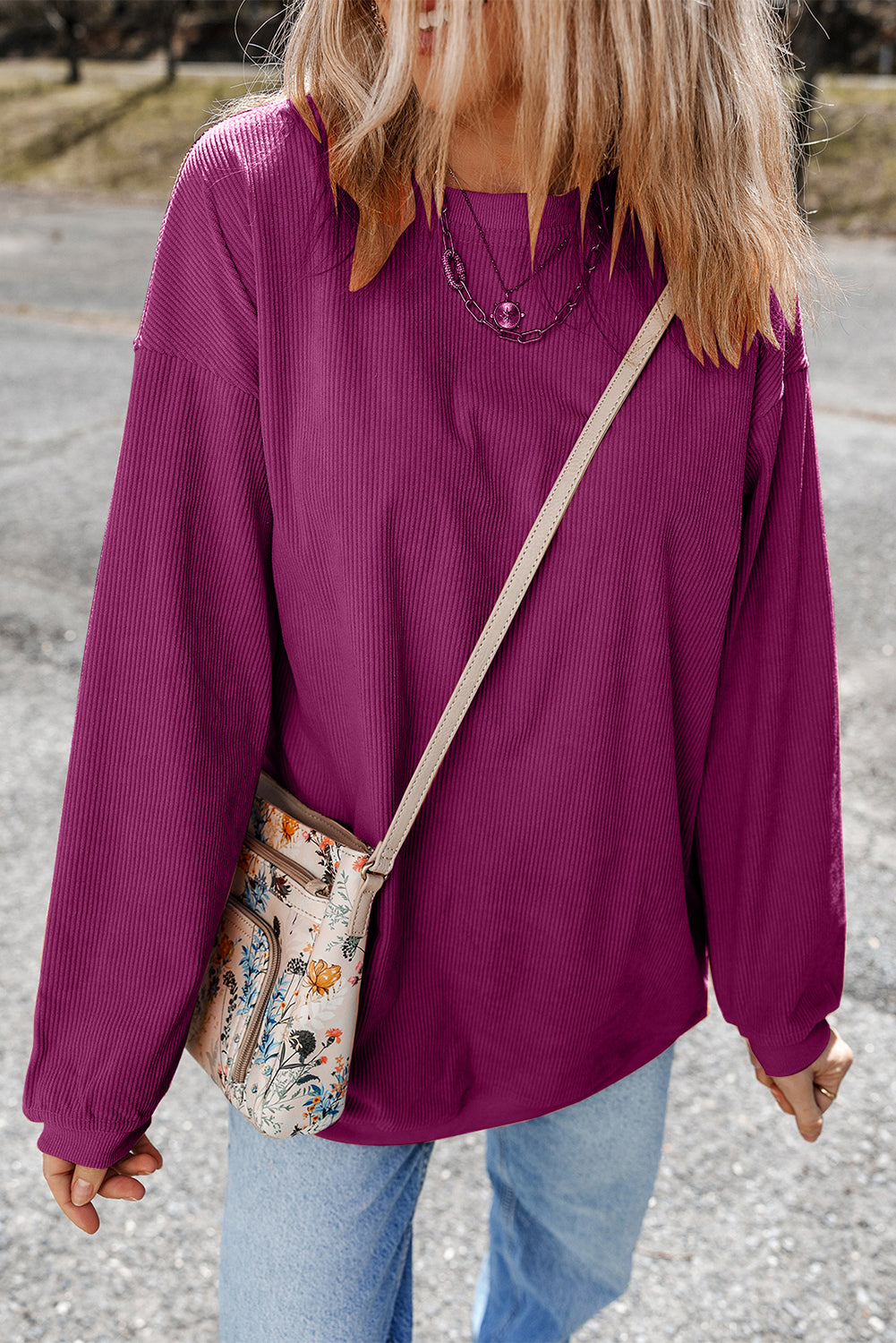 Light Pink Plain Drop Sleeve Crinkle Rib Oversized Sweatshirt