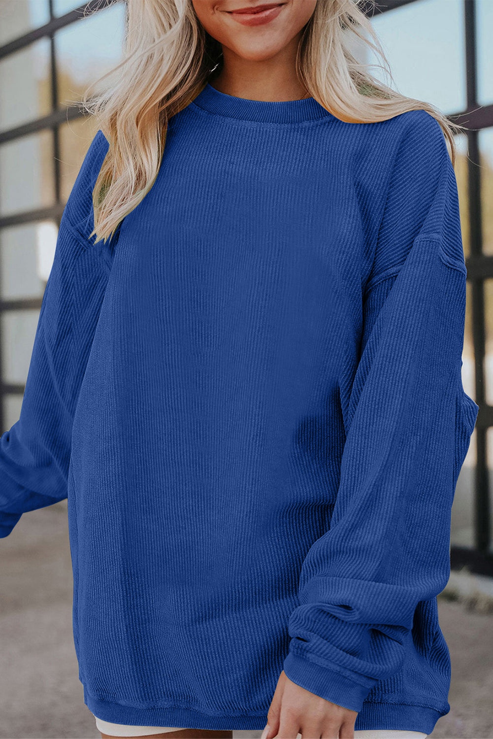 Light Pink Plain Drop Sleeve Crinkle Rib Oversized Sweatshirt
