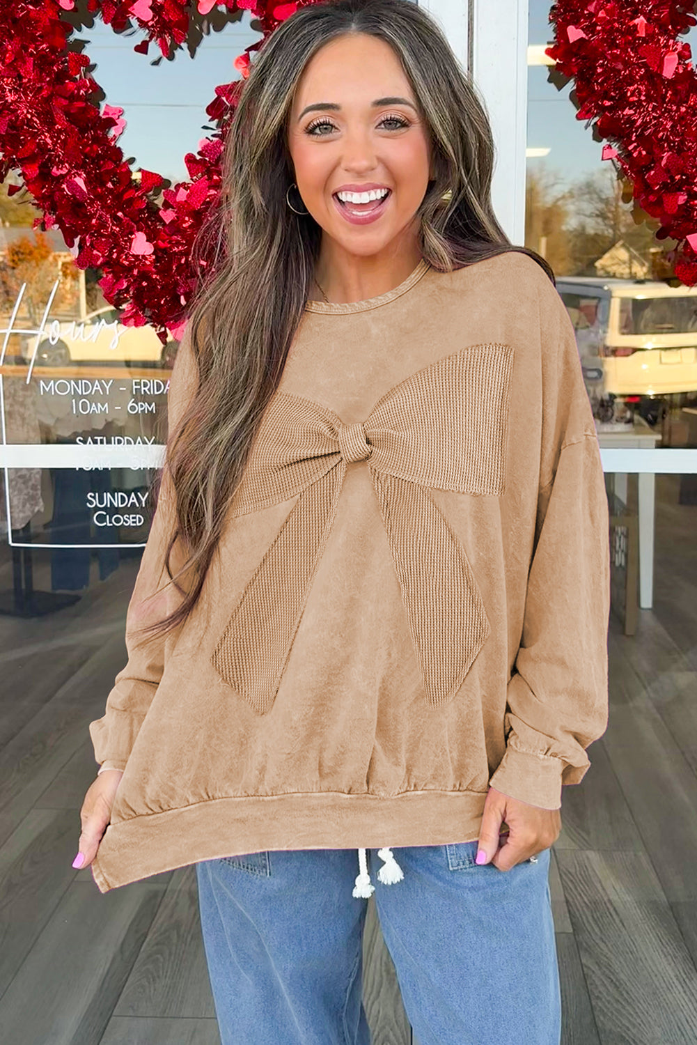 Bright Pink Mineral Wash Waffle Bow Patched Pullover Sweatshirt