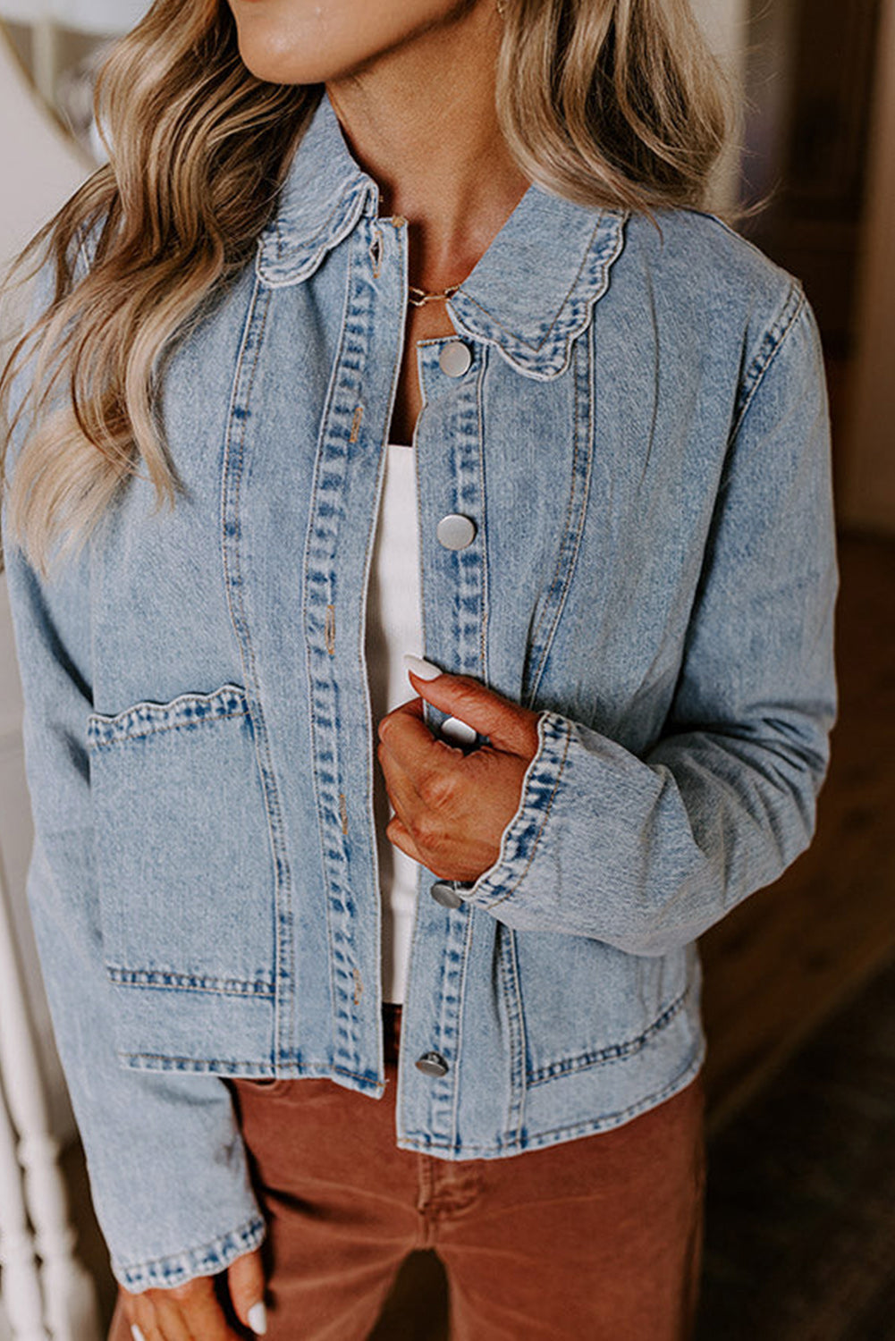 Sail Blue Scallop Trim Collar Pocket Button Up Denim Jacket