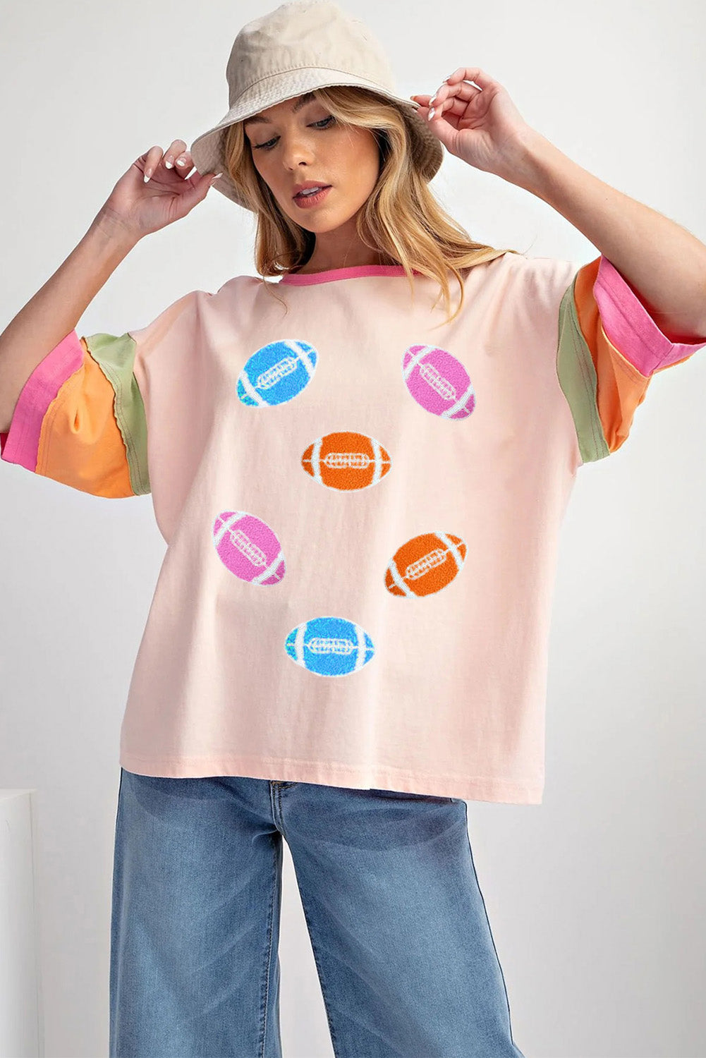Pink Game Day Football Graphic Color Block Sleeve Tee