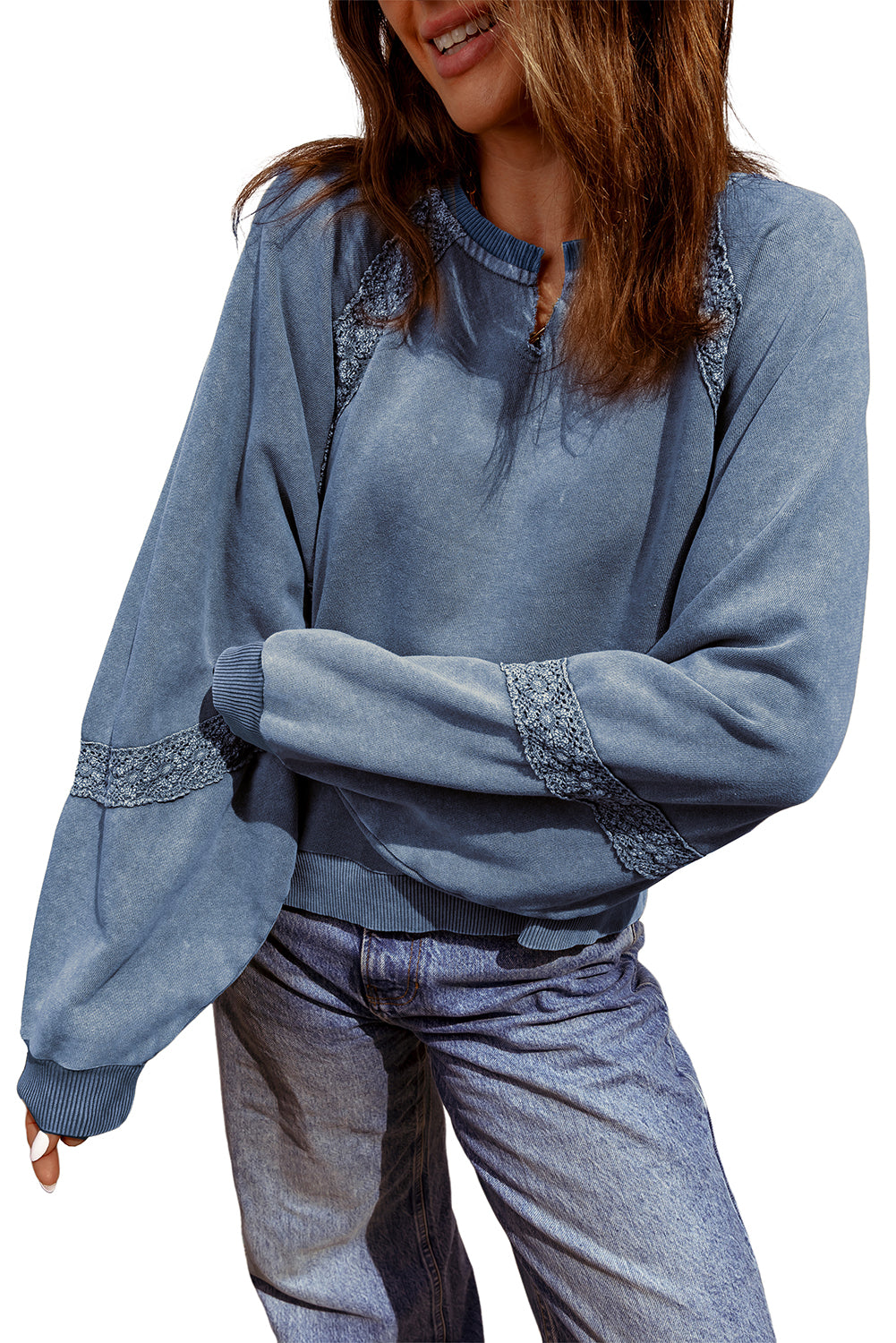 Jungle Green Lace Applique Notched Neck Mineral Wash Baggy Sweatshirt