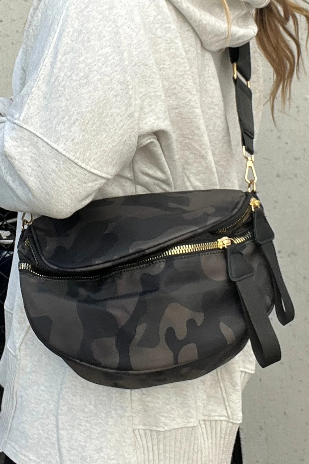 White Camouflage Print Double Zipper Crossbody Bag
