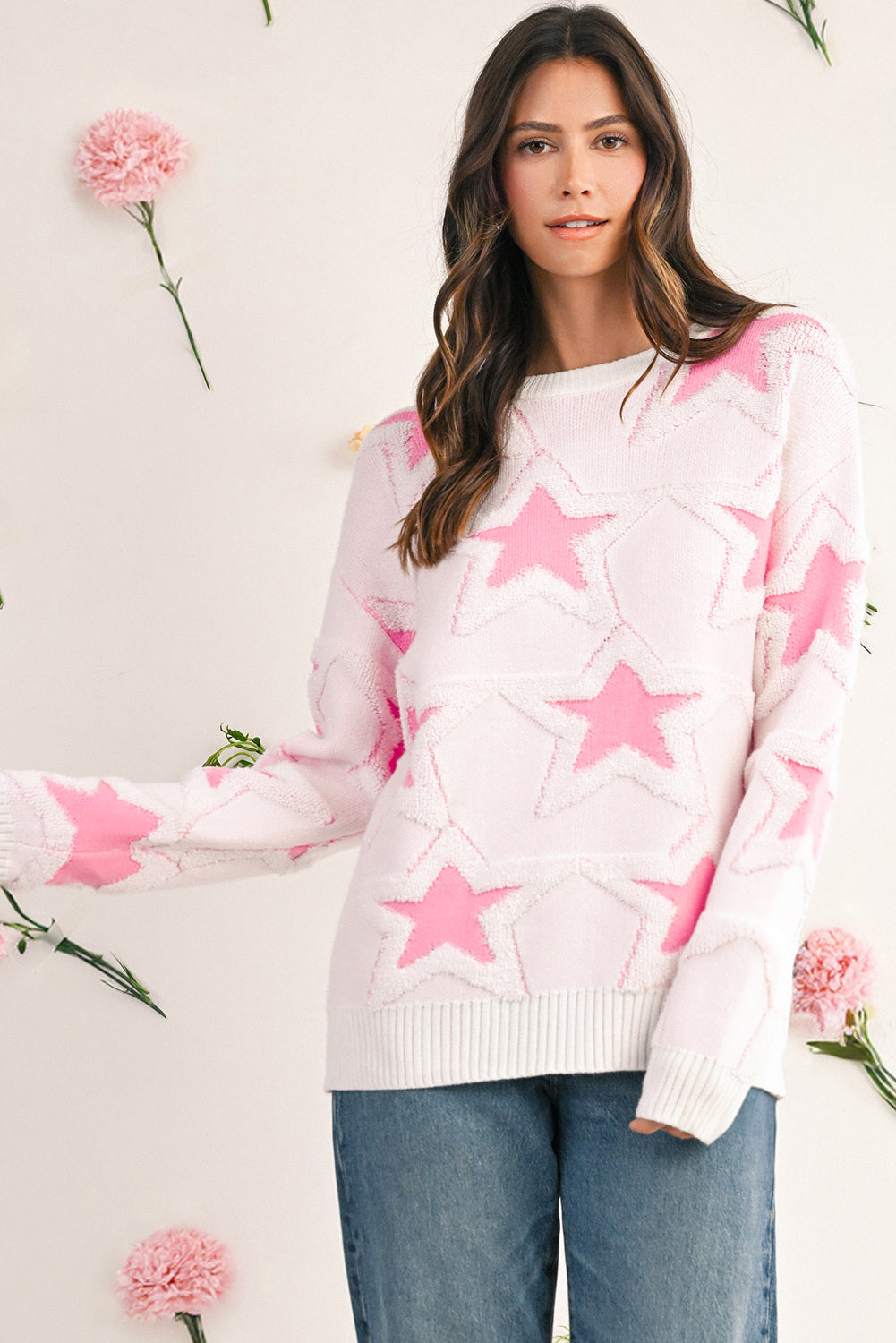 Sachet Pink Star Pattern Drop Sleeve Loose Sweater