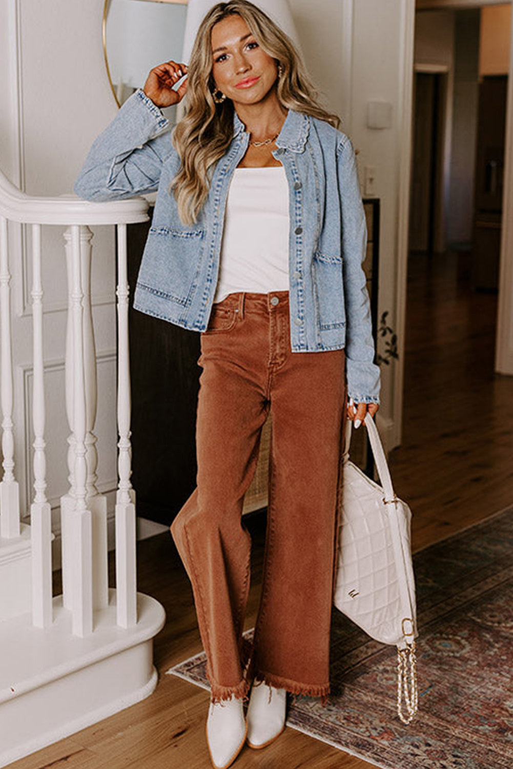 Sail Blue Scallop Trim Collar Pocket Button Up Denim Jacket