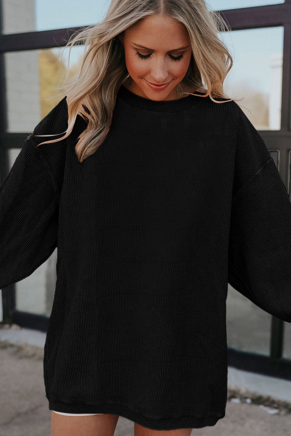 Light Pink Plain Drop Sleeve Crinkle Rib Oversized Sweatshirt