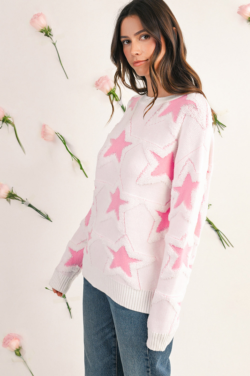 Sachet Pink Star Pattern Drop Sleeve Loose Sweater