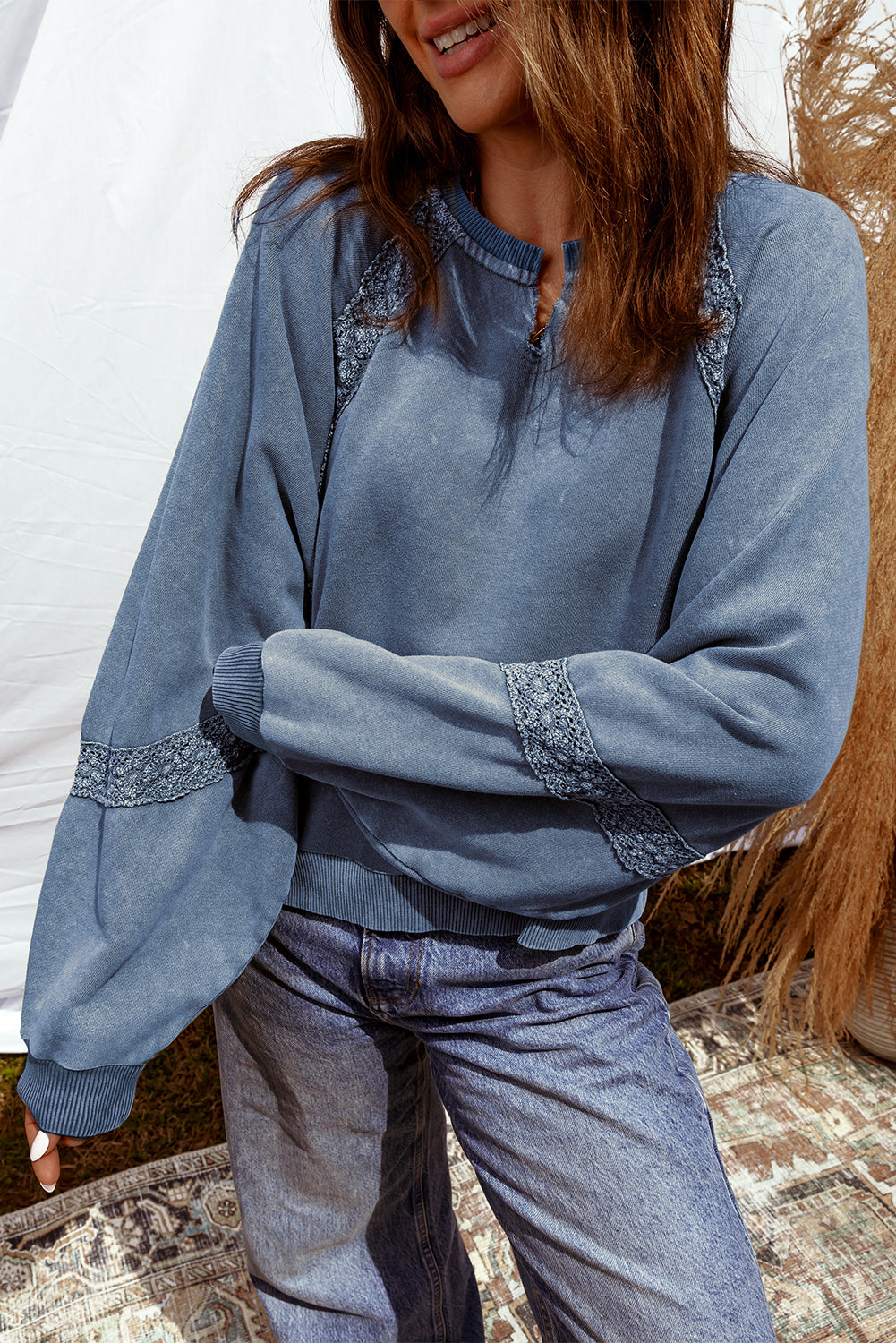 Jungle Green Lace Applique Notched Neck Mineral Wash Baggy Sweatshirt