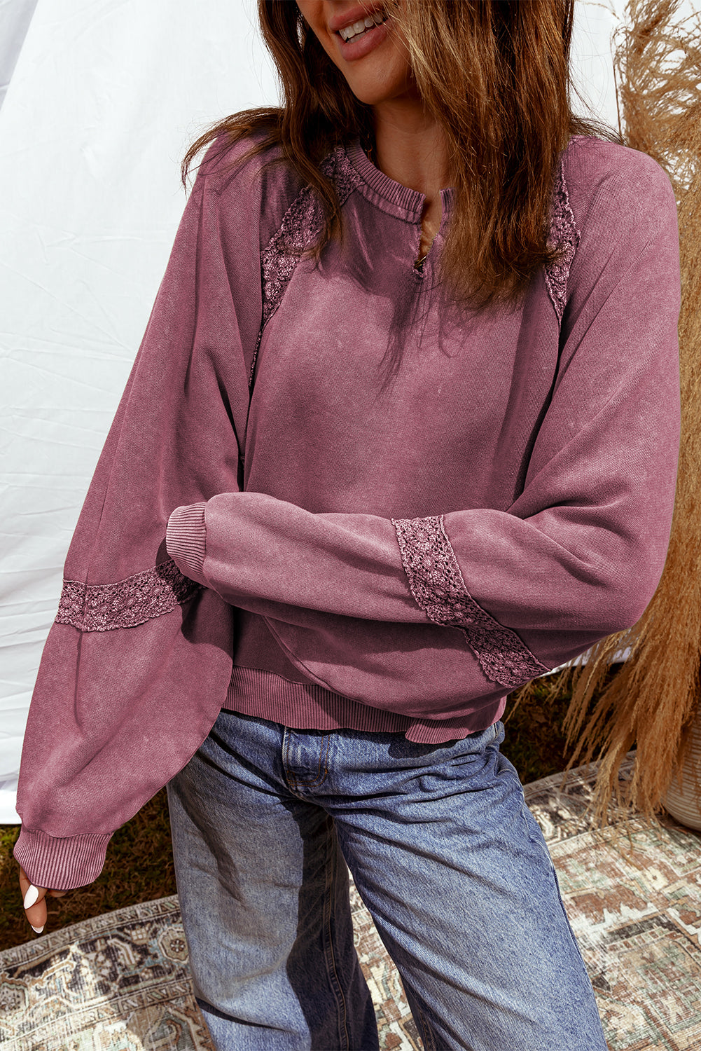 Jungle Green Lace Applique Notched Neck Mineral Wash Baggy Sweatshirt