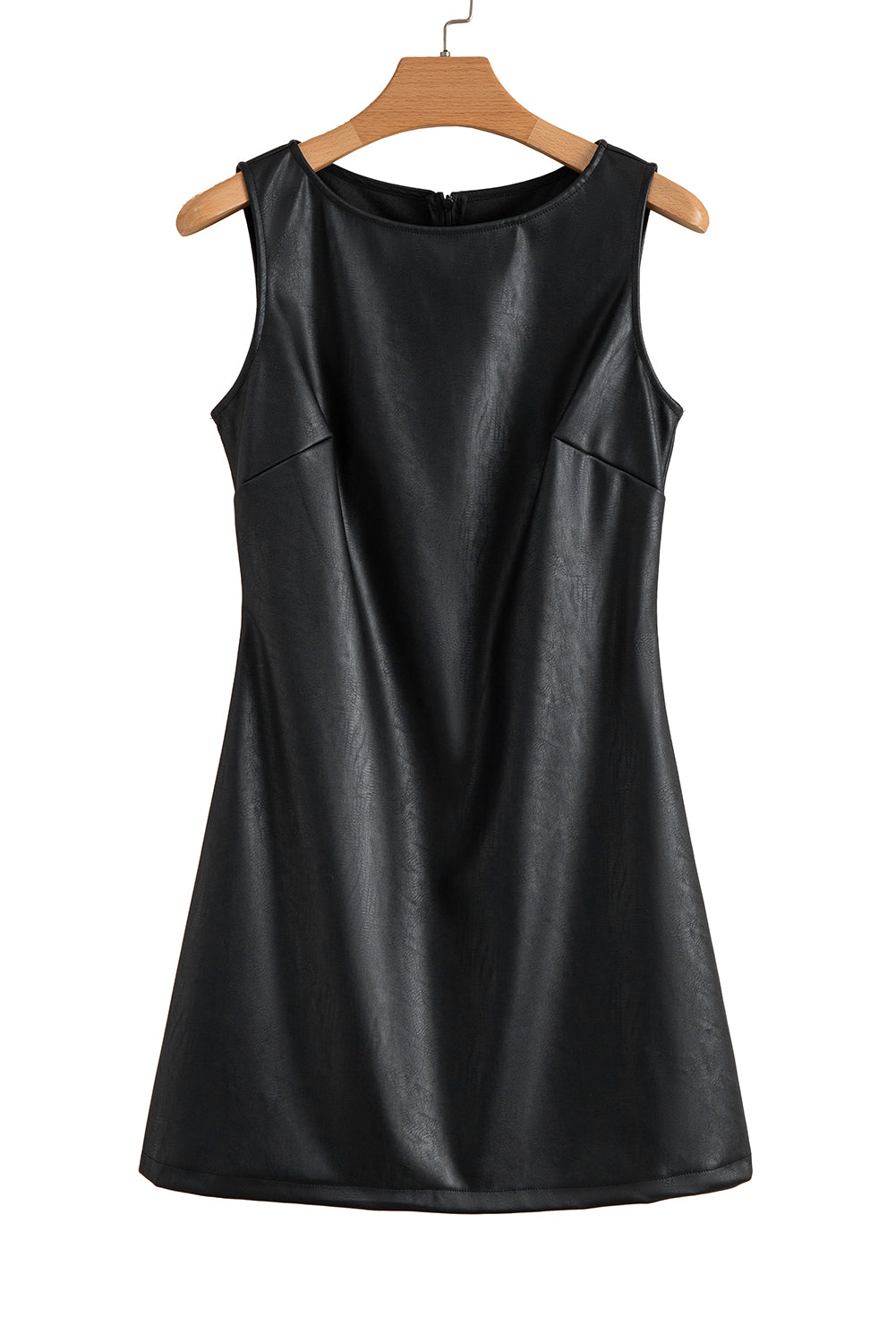 Black Faux Leather Sleeveless Round Neck Mini Dress