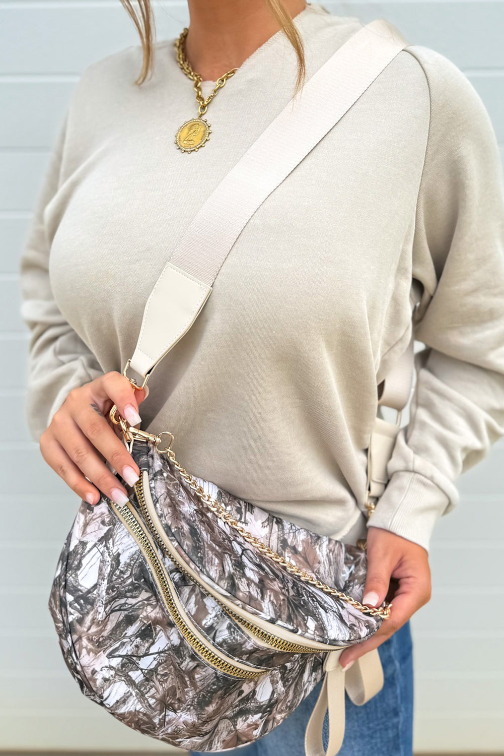 White Camouflage Print Double Zipper Crossbody Bag