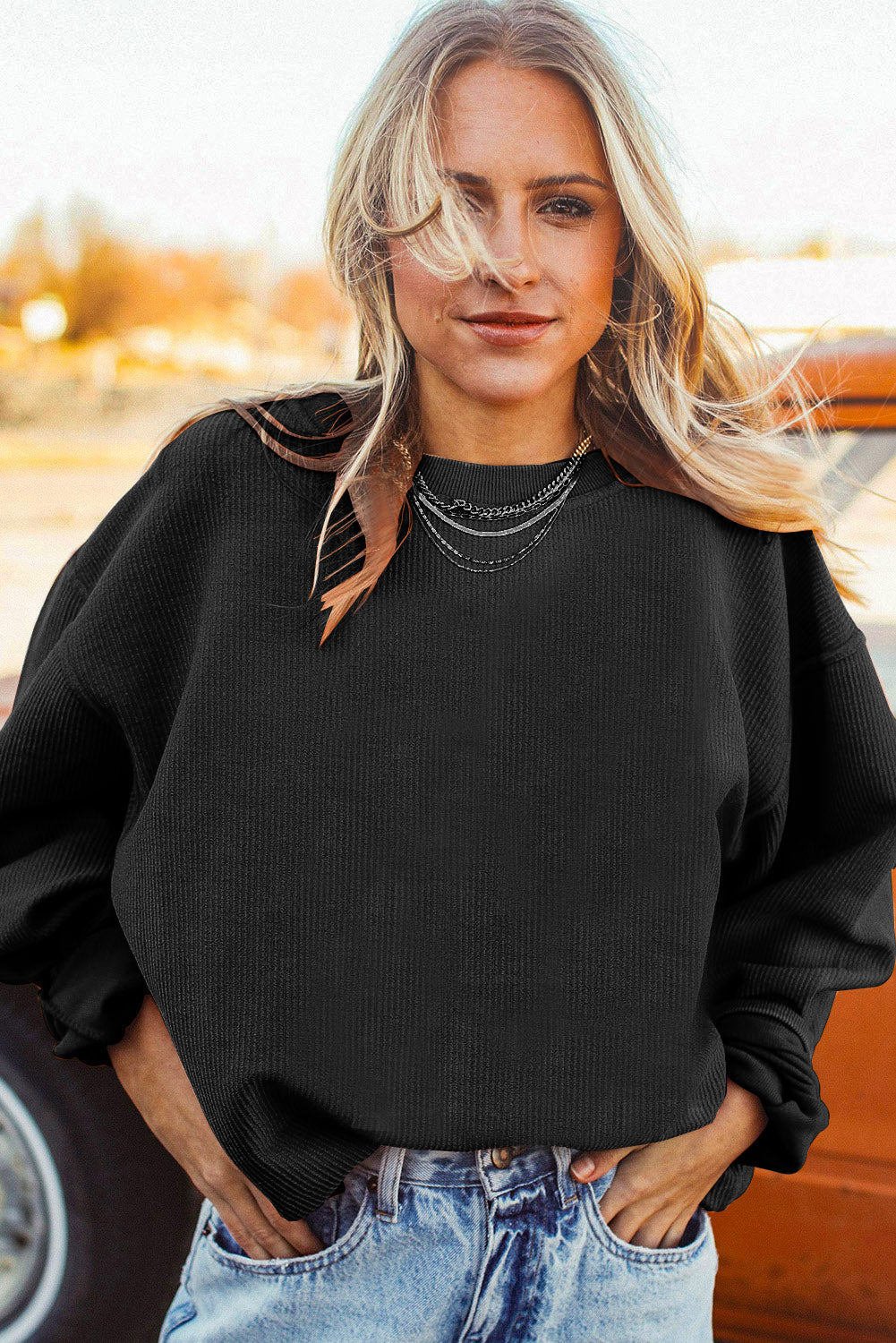 Light Pink Plain Drop Sleeve Crinkle Rib Oversized Sweatshirt