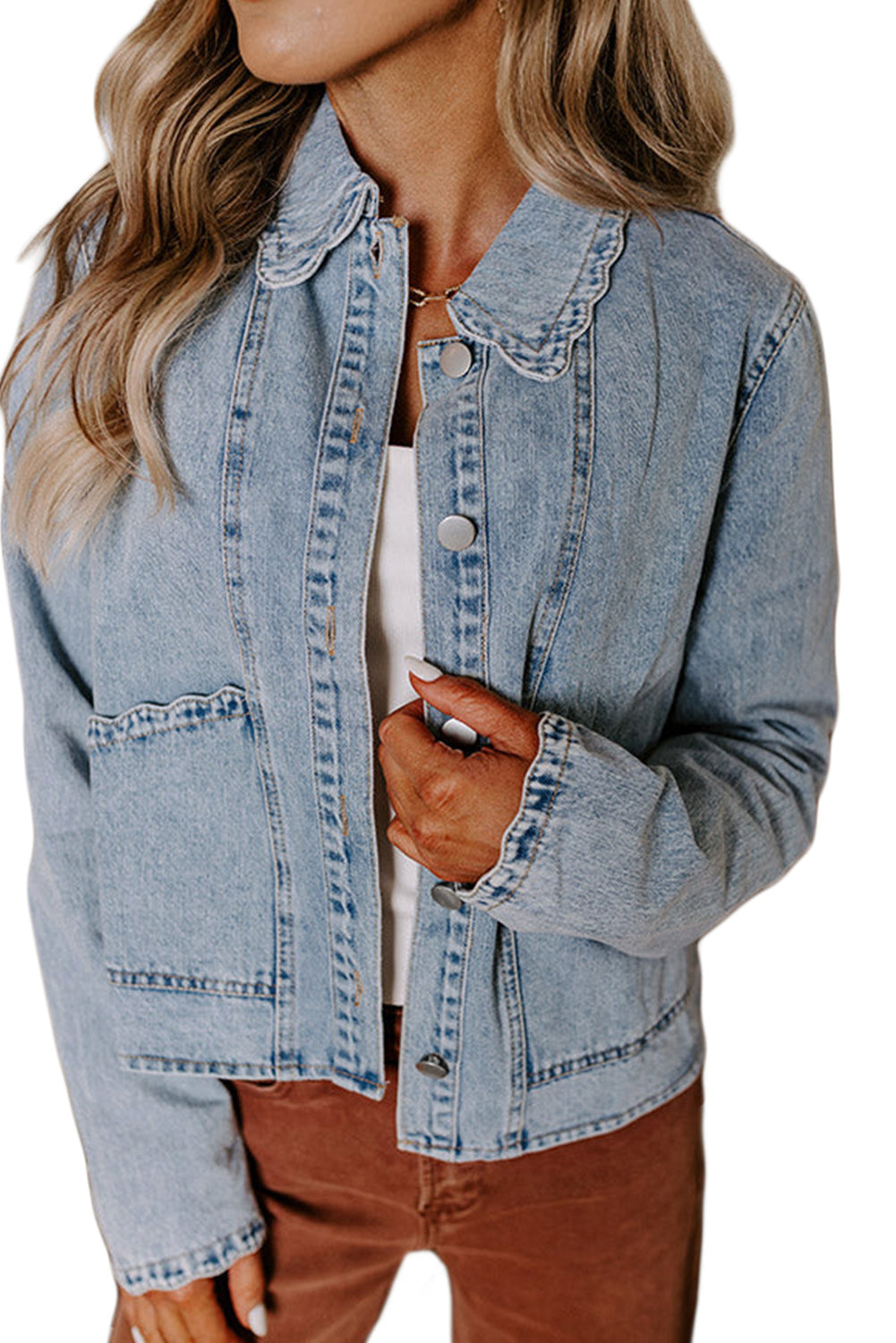 Sail Blue Scallop Trim Collar Pocket Button Up Denim Jacket