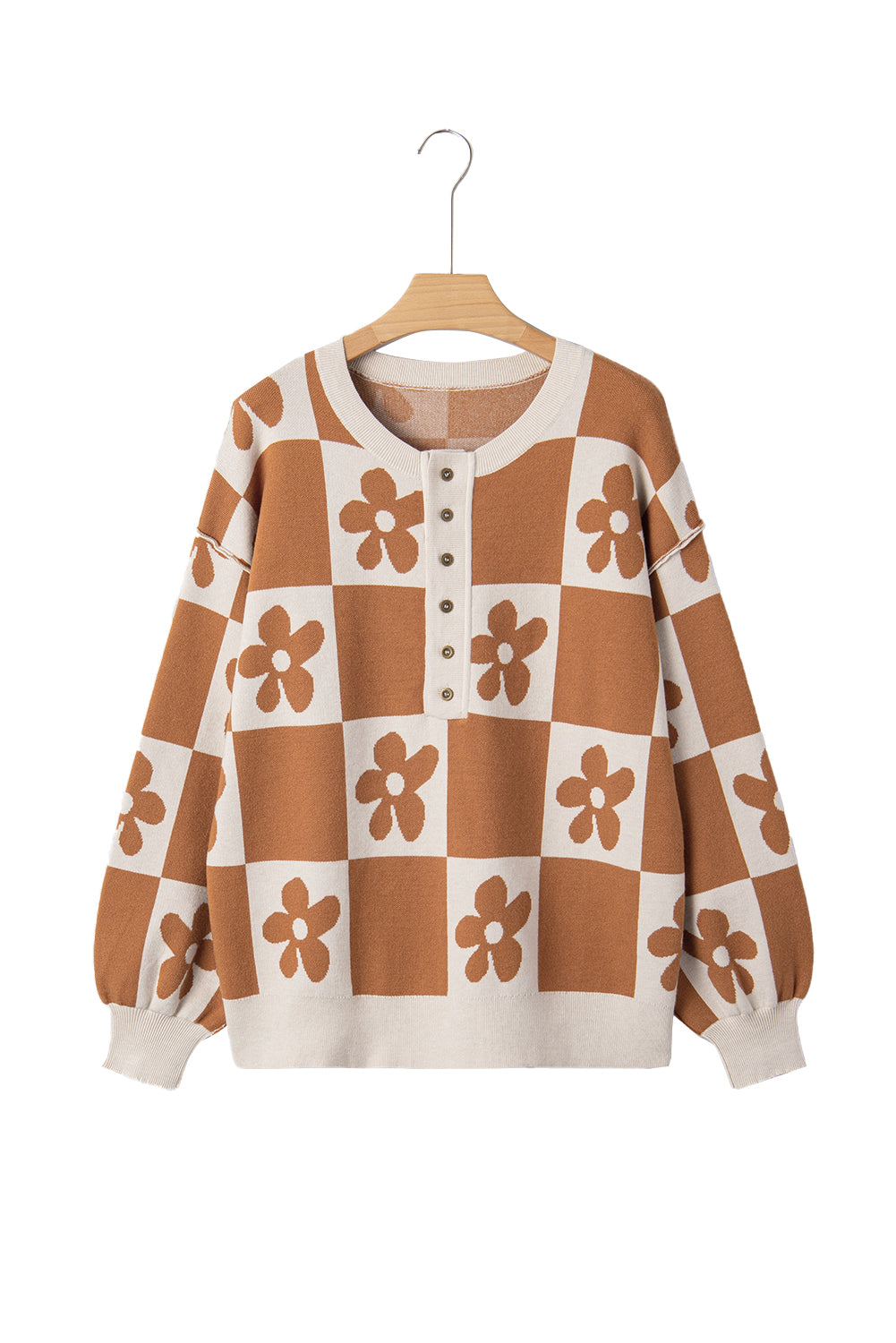Red Dahlia Flower Colorblock Checkered Henley Sweater