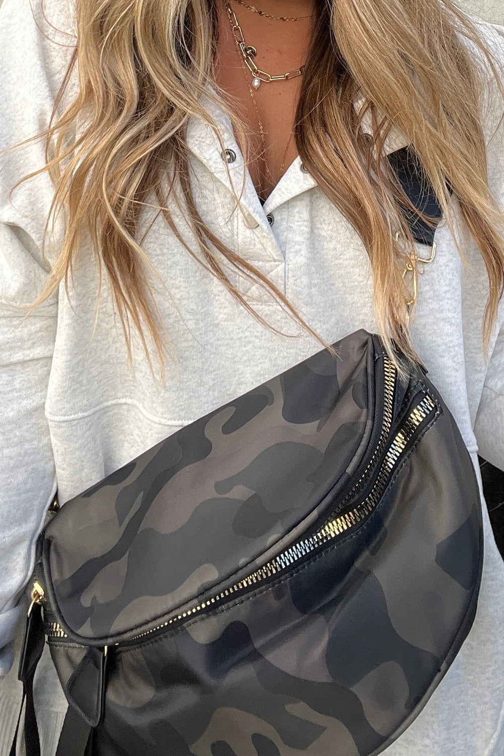 White Camouflage Print Double Zipper Crossbody Bag