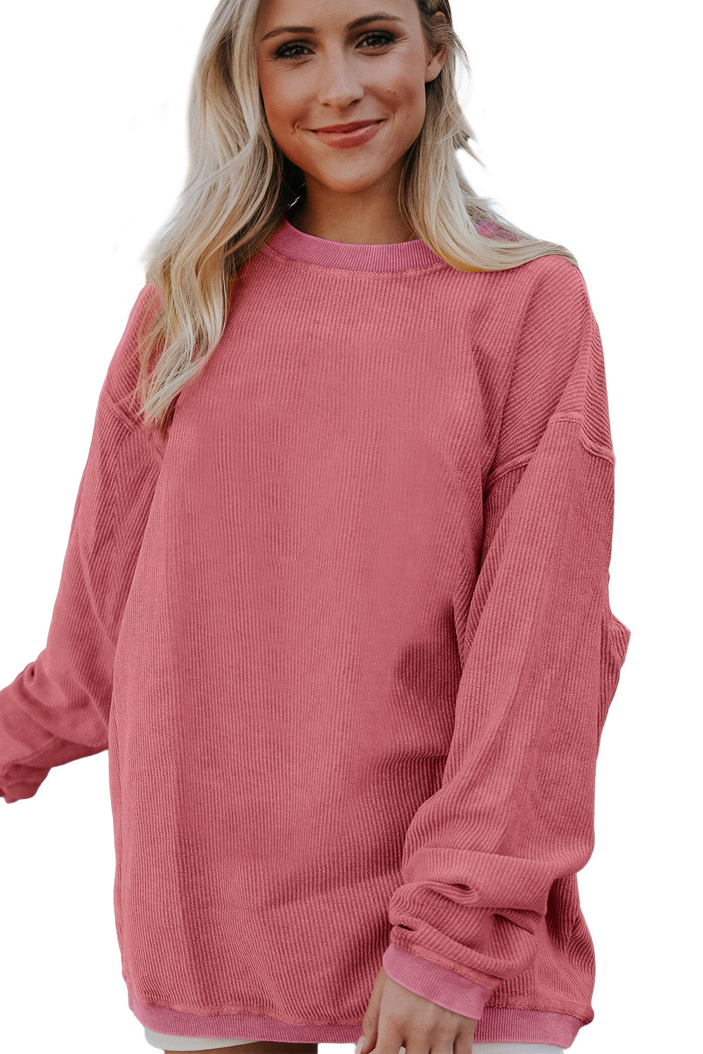 Light Pink Plain Drop Sleeve Crinkle Rib Oversized Sweatshirt