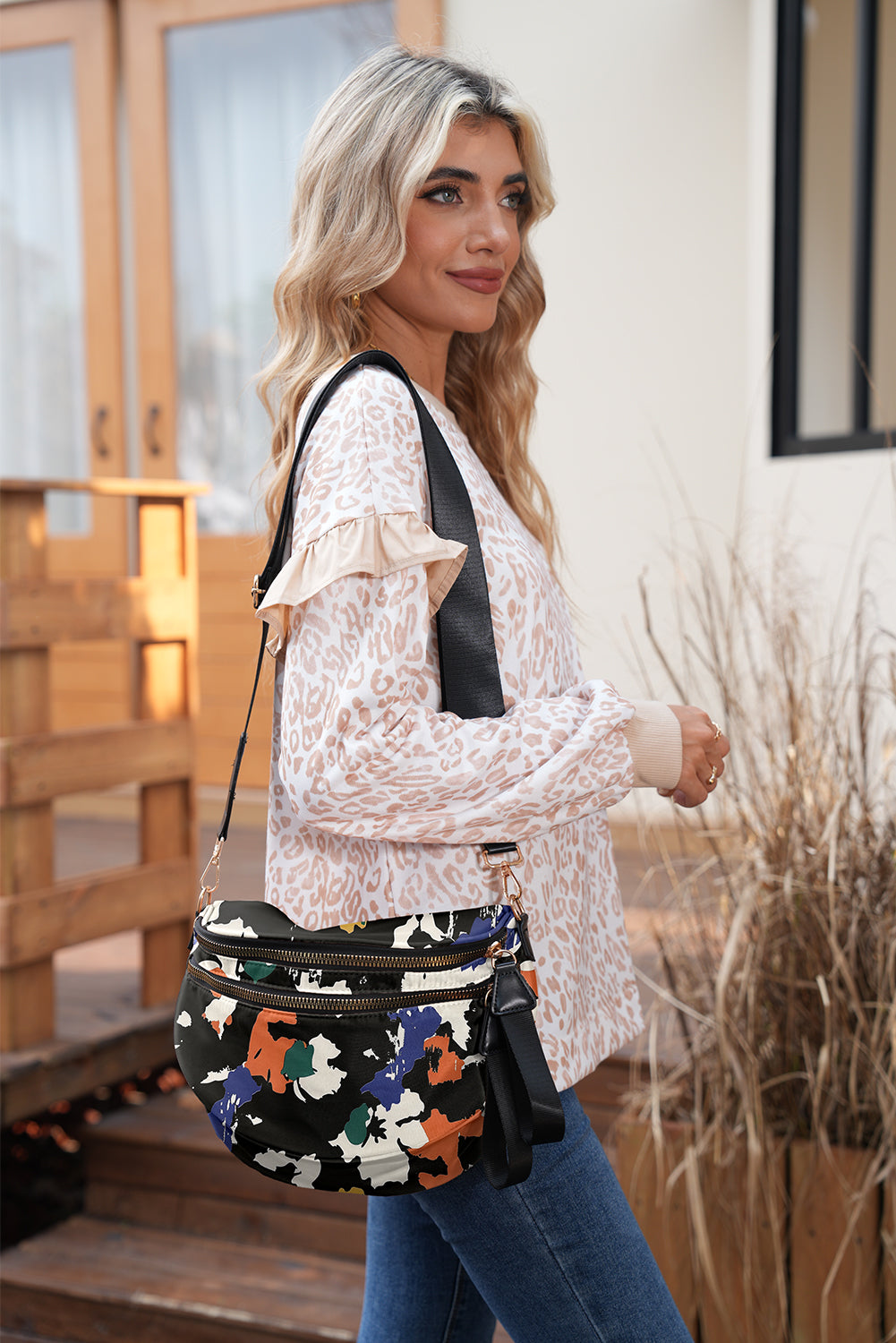 White Camouflage Print Double Zipper Crossbody Bag