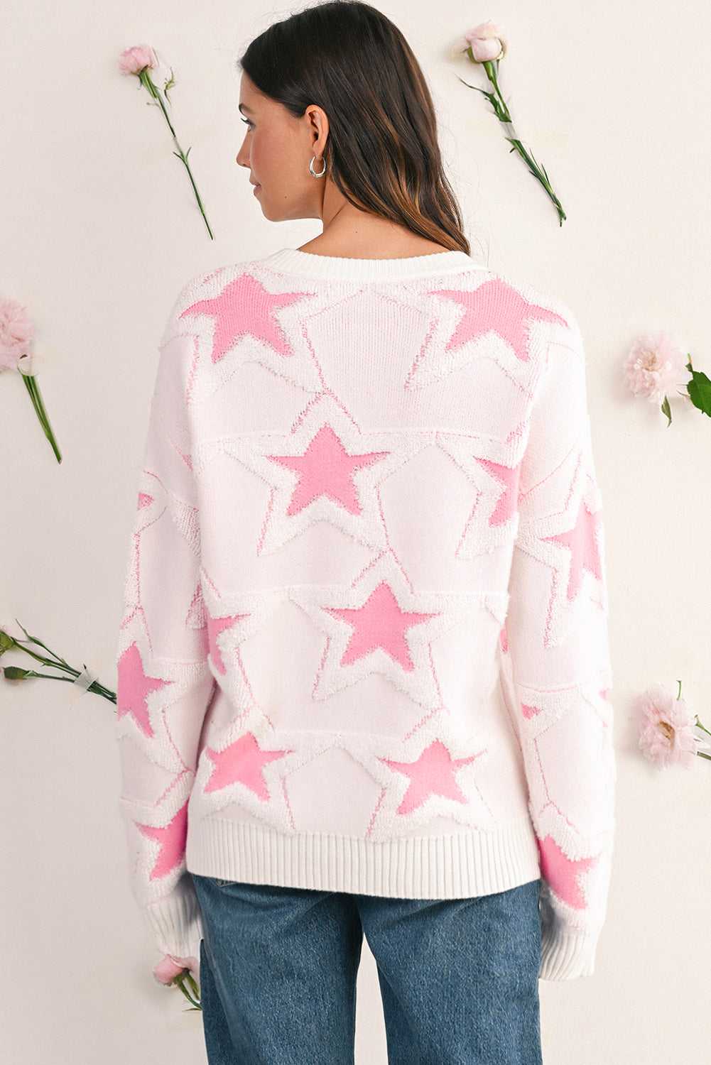 Sachet Pink Star Pattern Drop Sleeve Loose Sweater