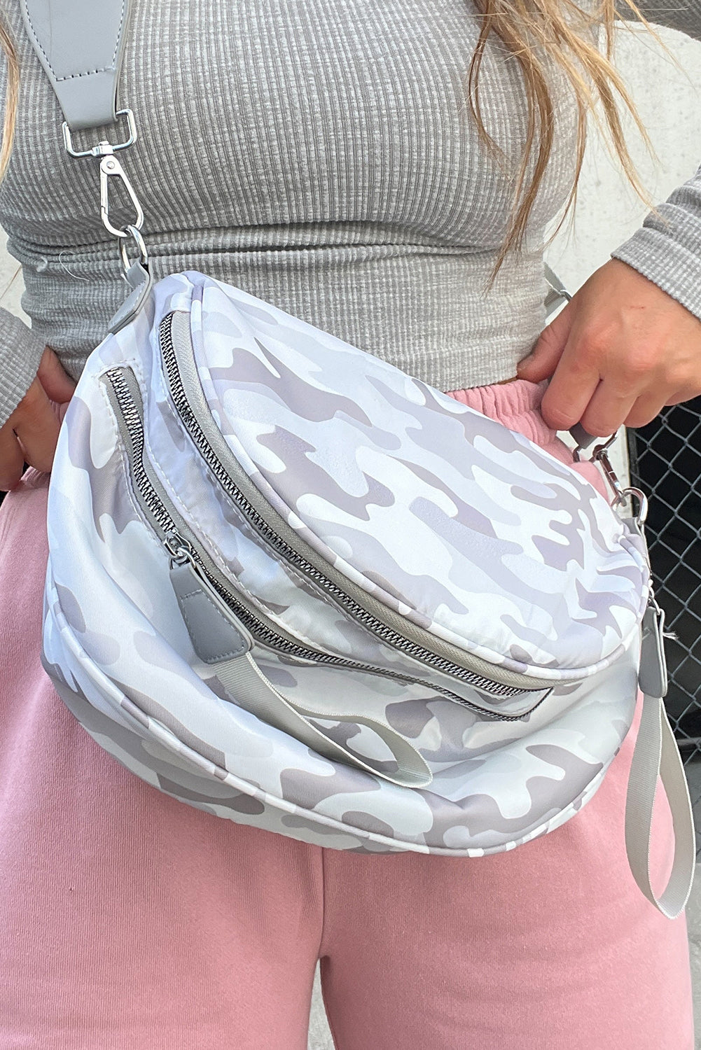 White Camouflage Print Double Zipper Crossbody Bag