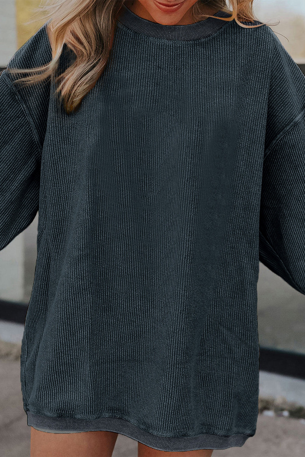 Light Pink Plain Drop Sleeve Crinkle Rib Oversized Sweatshirt