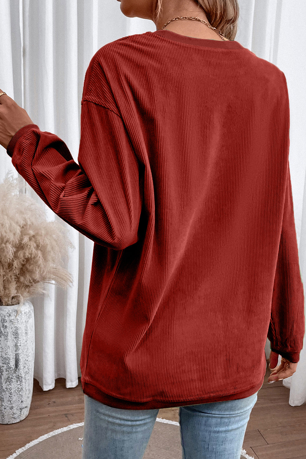 Light Pink Plain Drop Sleeve Crinkle Rib Oversized Sweatshirt