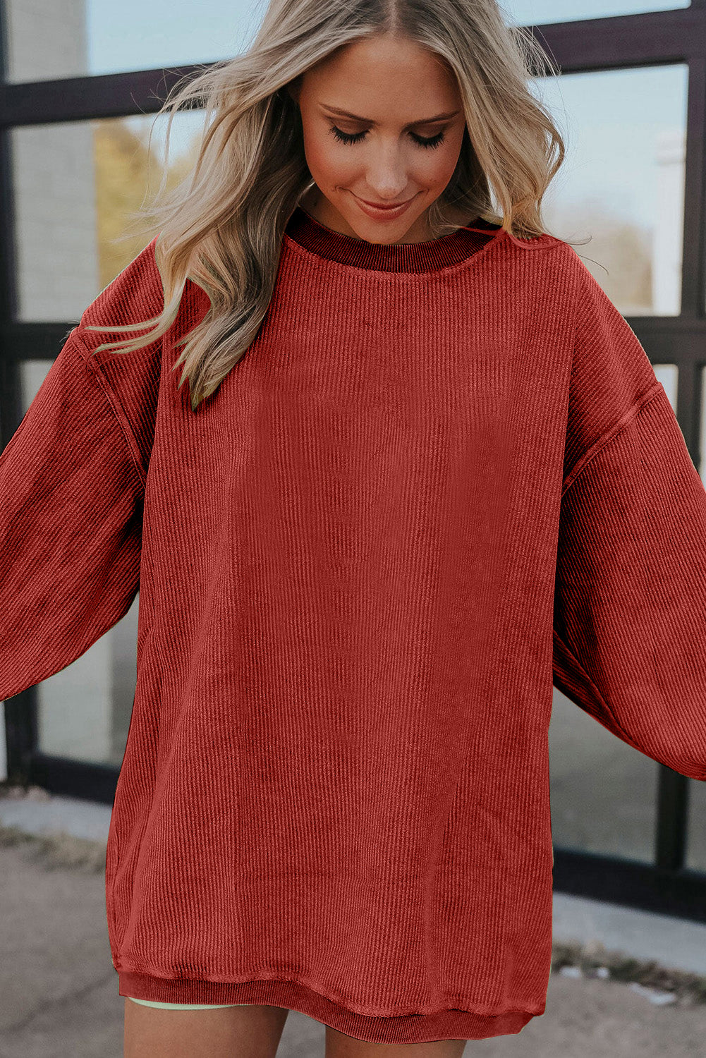 Light Pink Plain Drop Sleeve Crinkle Rib Oversized Sweatshirt