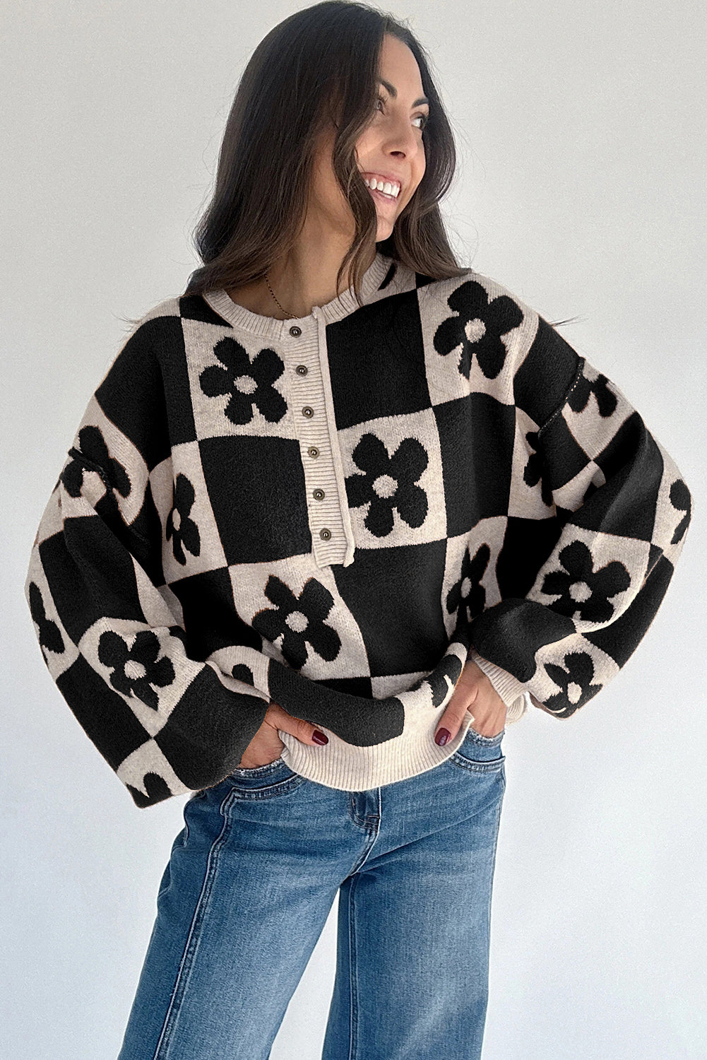 Red Dahlia Flower Colorblock Checkered Henley Sweater