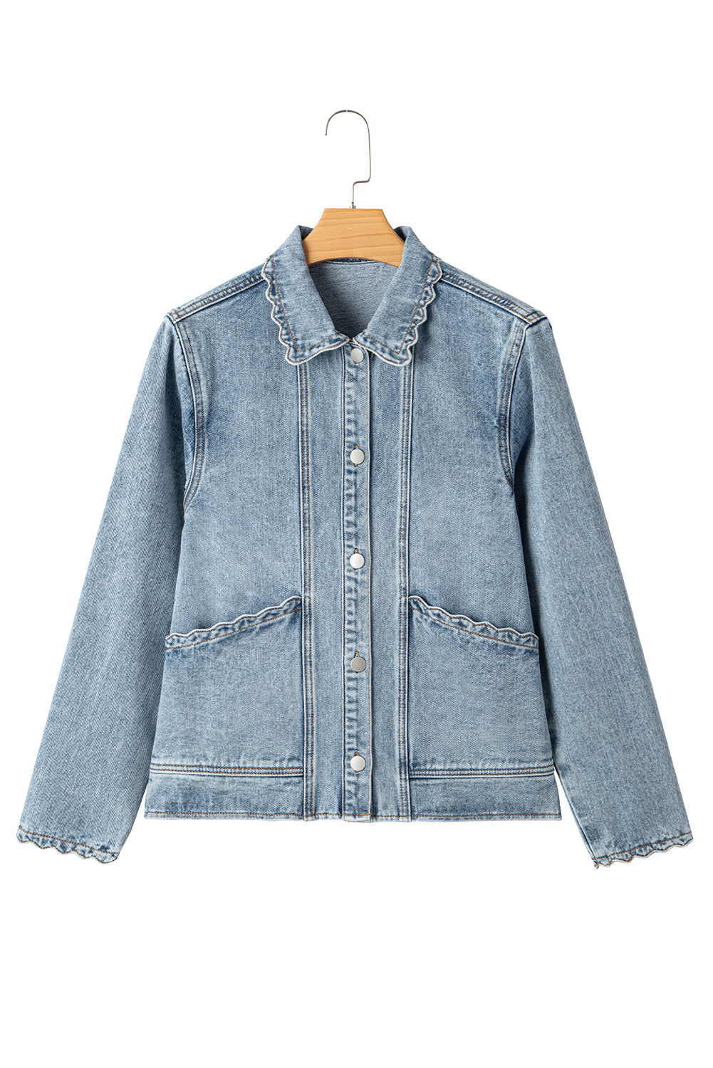 Sail Blue Scallop Trim Collar Pocket Button Up Denim Jacket