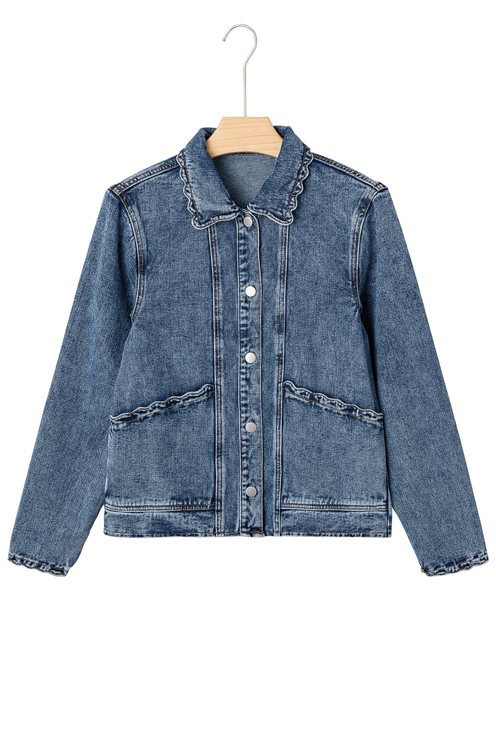 Sail Blue Scallop Trim Collar Pocket Button Up Denim Jacket