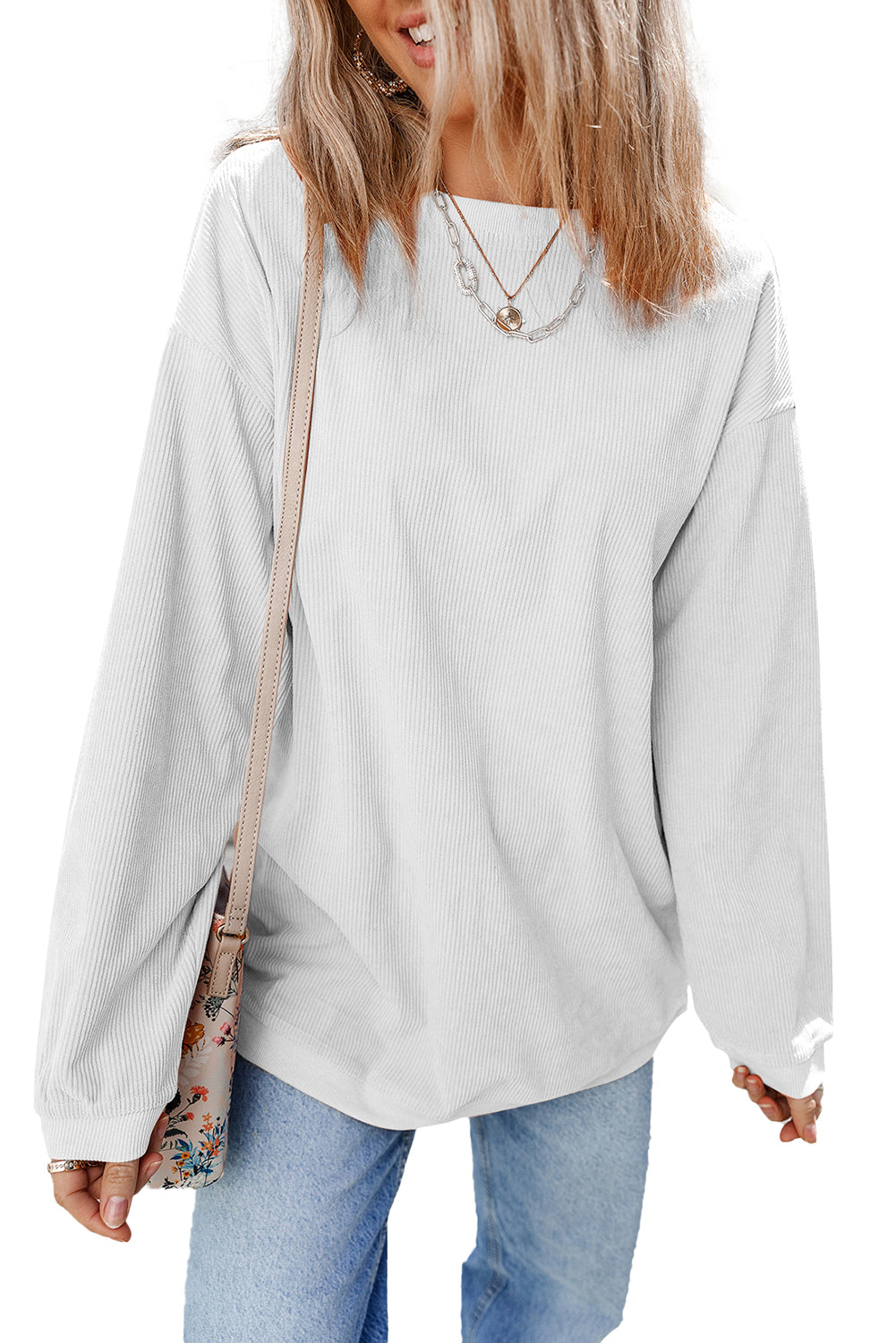 Light Pink Plain Drop Sleeve Crinkle Rib Oversized Sweatshirt