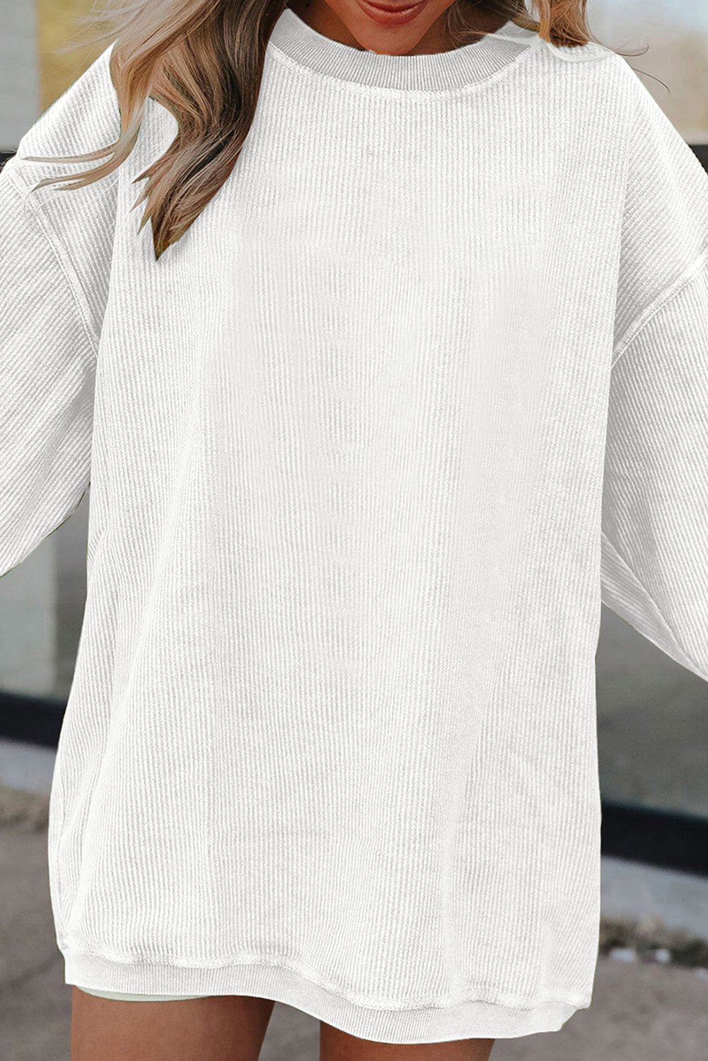 Light Pink Plain Drop Sleeve Crinkle Rib Oversized Sweatshirt