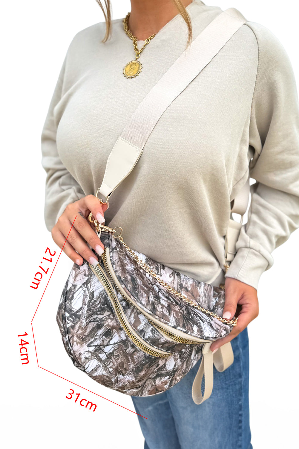 White Camouflage Print Double Zipper Crossbody Bag