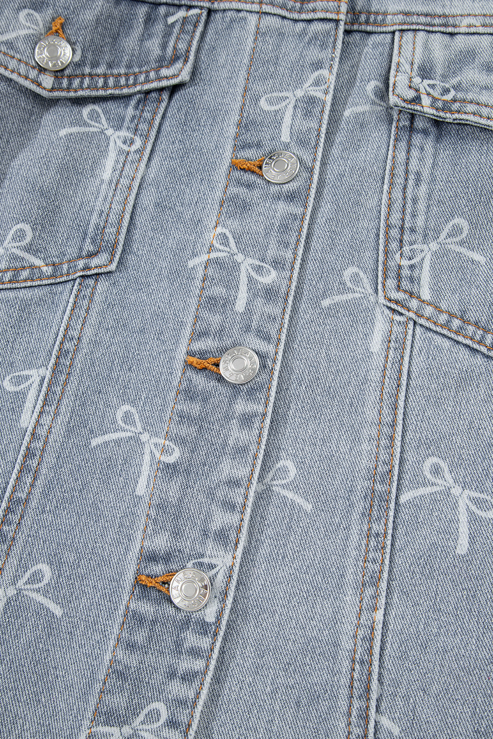 Sky Blue Bow Print Light Wash Raw Hem Denim Jacket