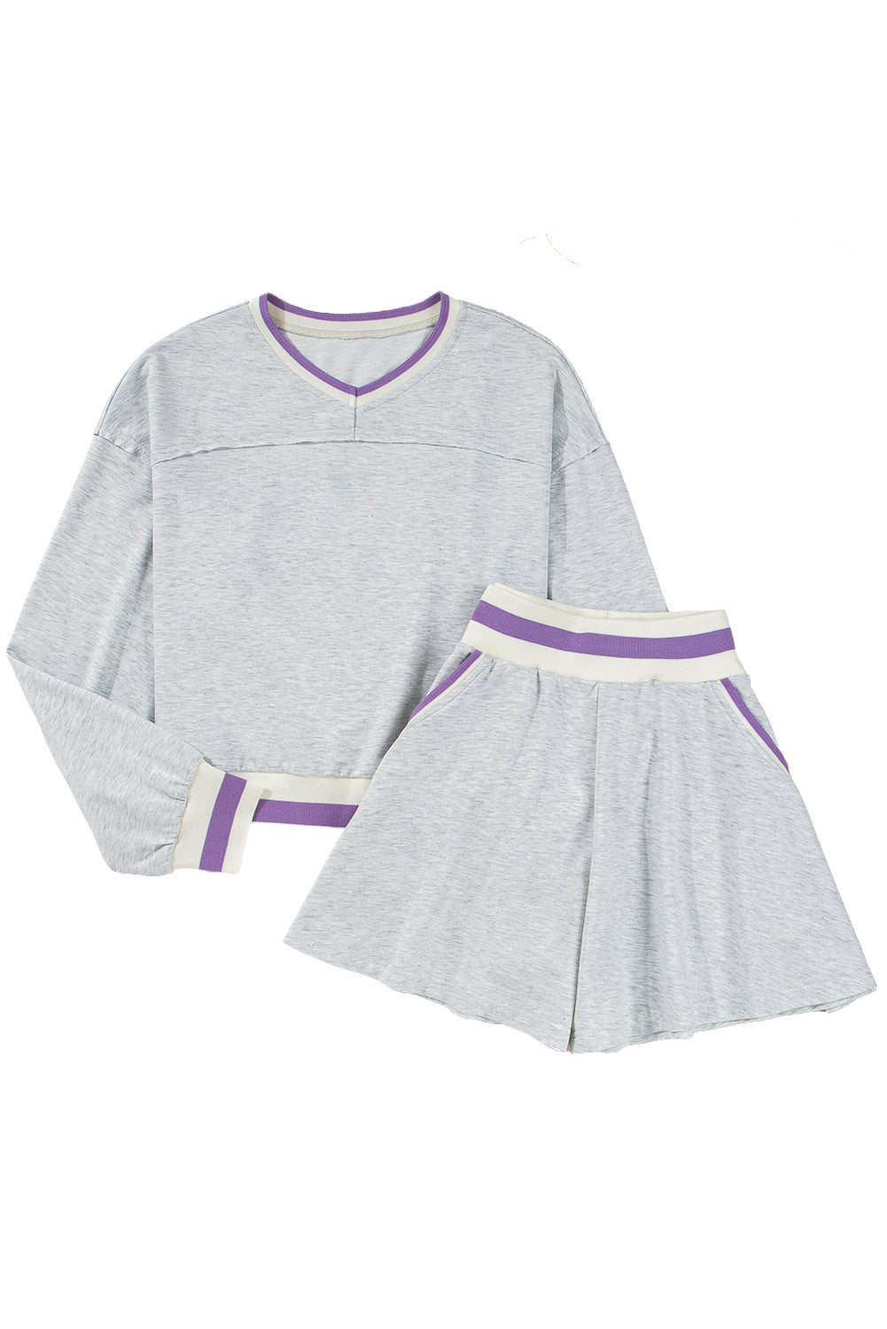 Light Grey Contrast Trim Striped Loose Sweatshirt and Skort Set