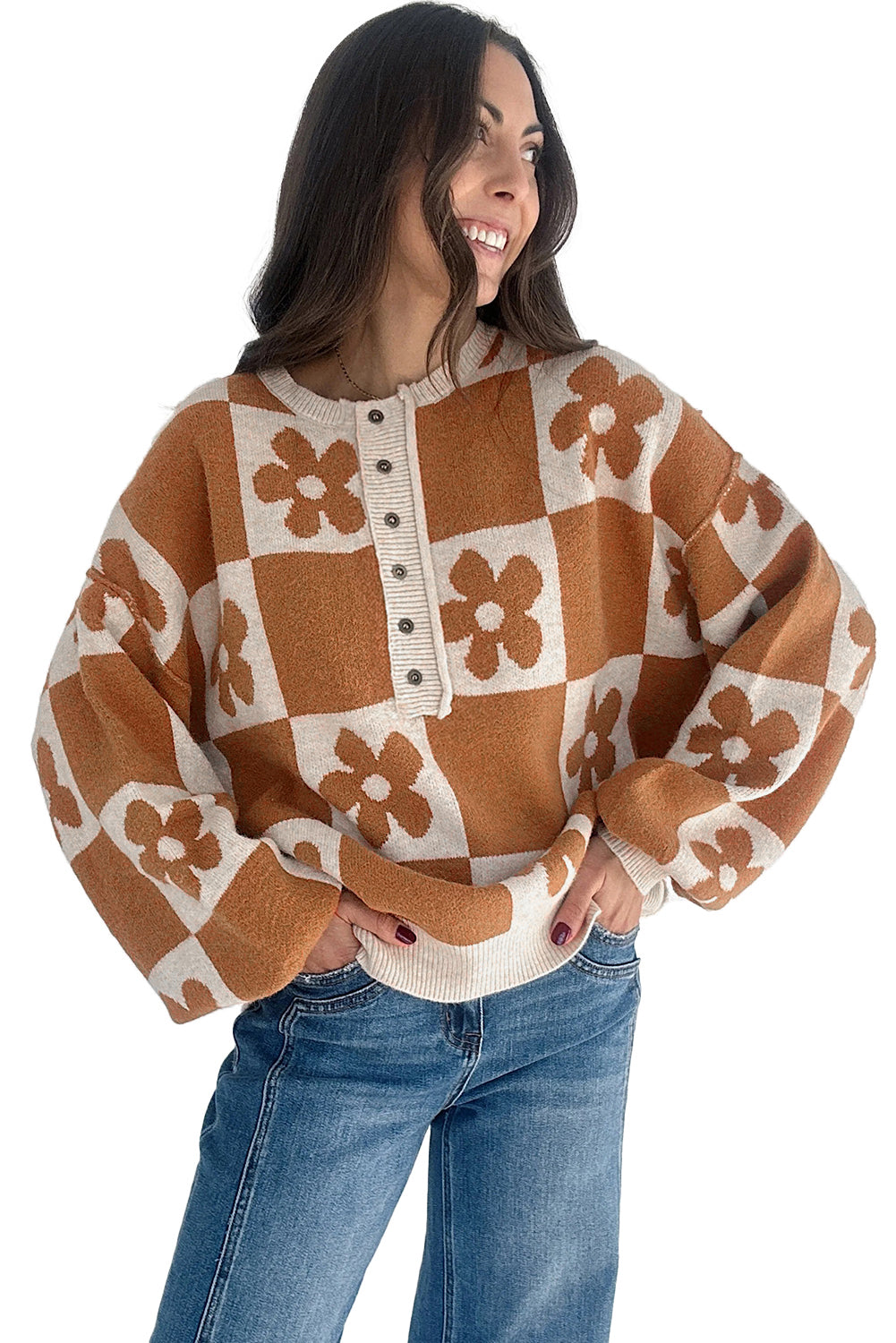 Red Dahlia Flower Colorblock Checkered Henley Sweater